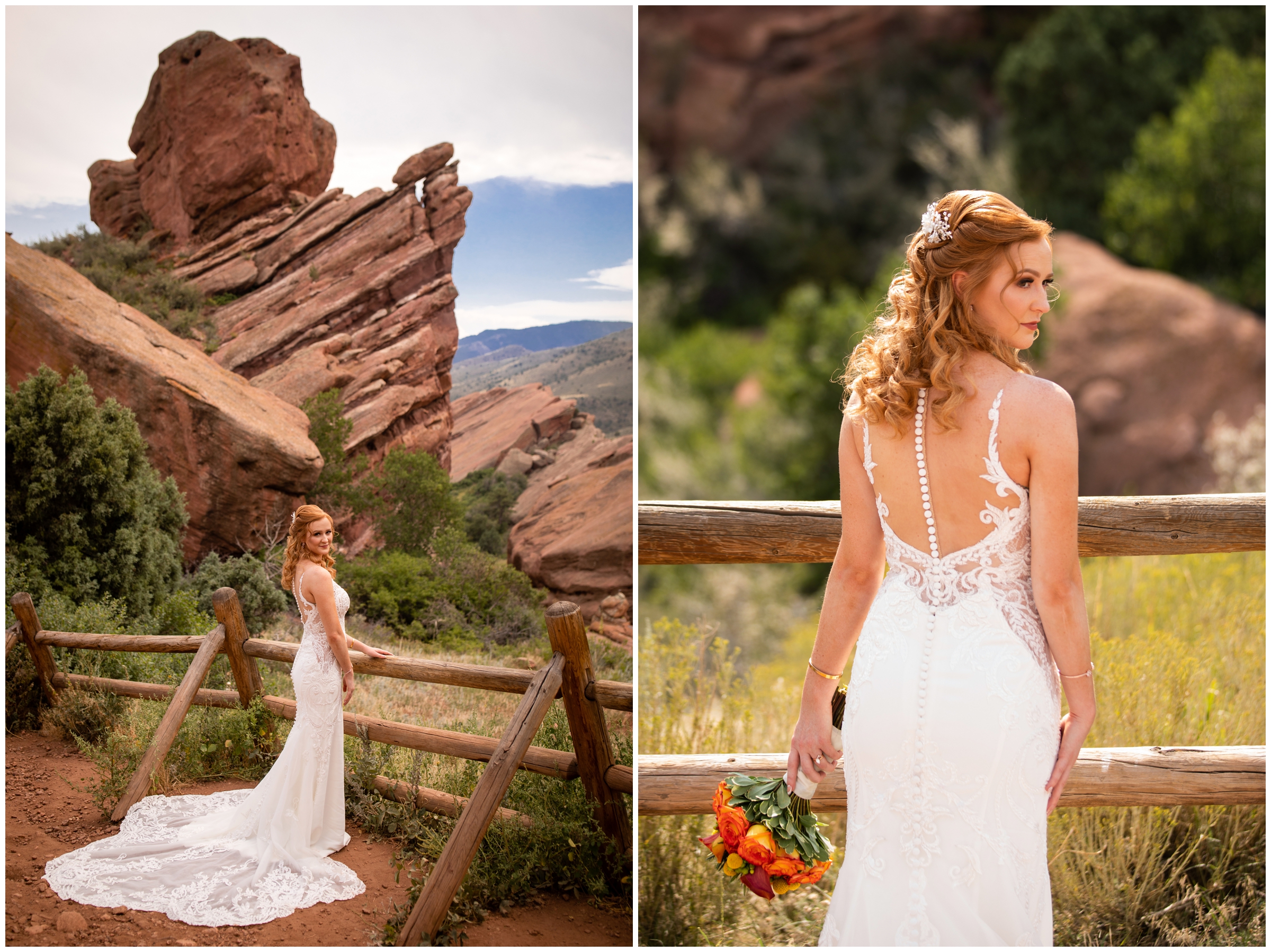 Colorado red rocks bride posing at the trading post during Morrison Colorado wedding