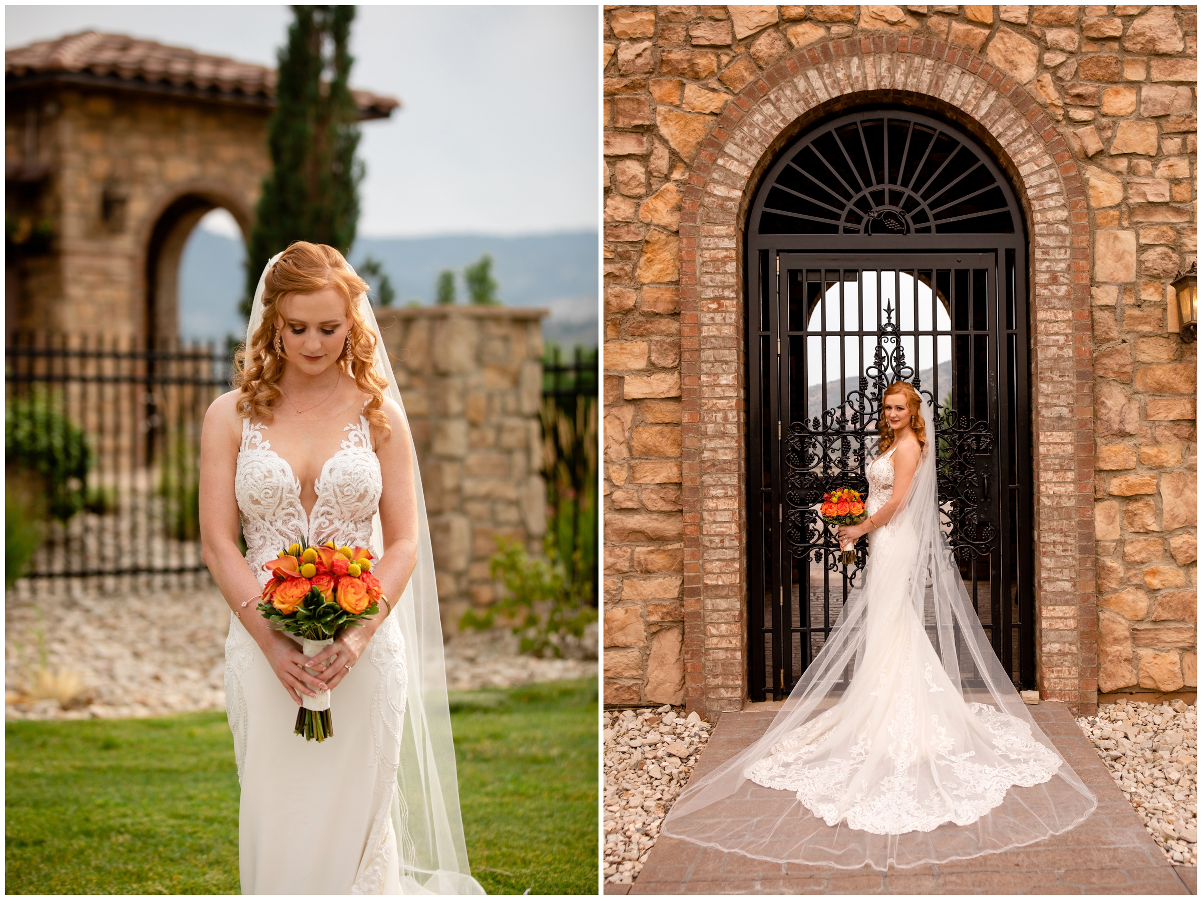 bride with cathedral veil posing in front of wrought iron gate during tuscan inspired wedding in Colorado 