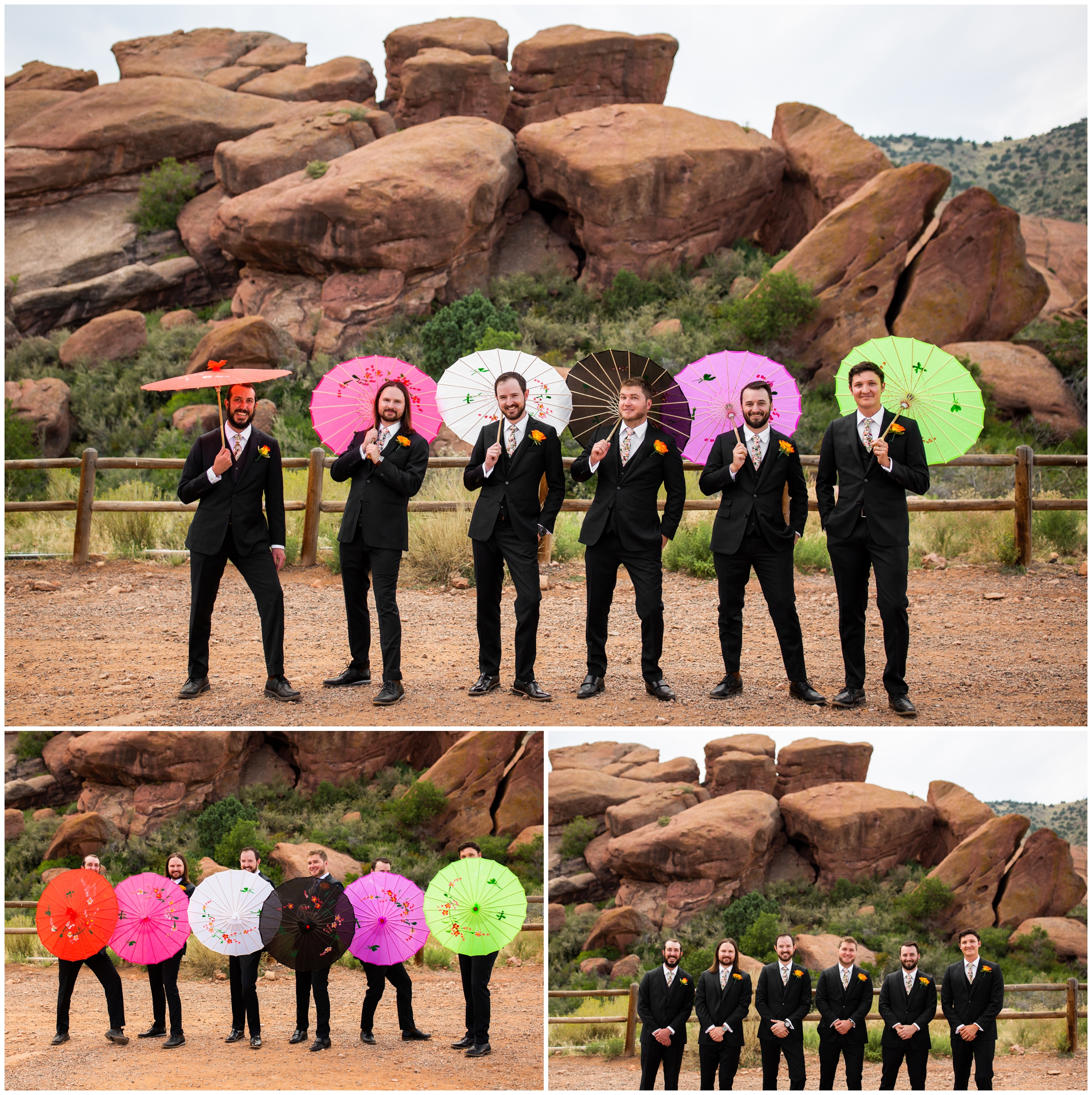 groomsmen with parasols during Red Rocks Morrison Colorado wedding pictures 