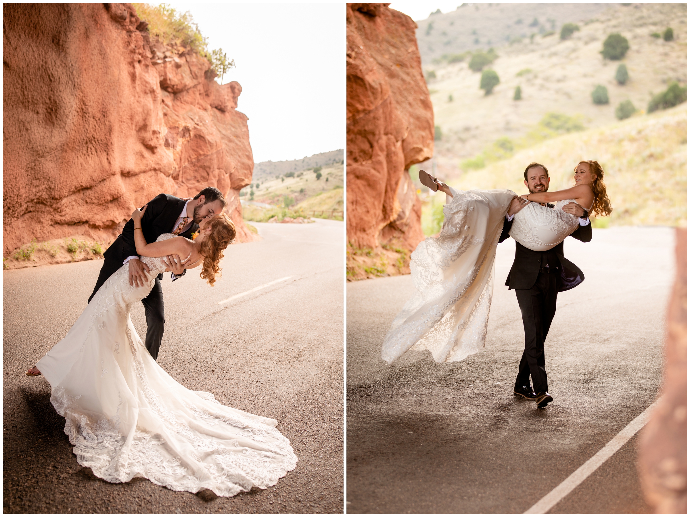 groom carrying bride during fun wedding portraits at Red Rocks park and ampitheater 