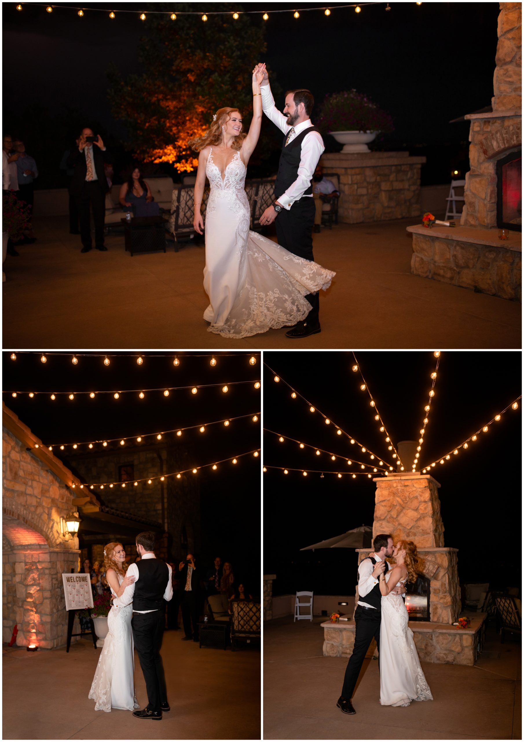 first dance outdoors under white market lights at Solterra Colorado wedding reception 