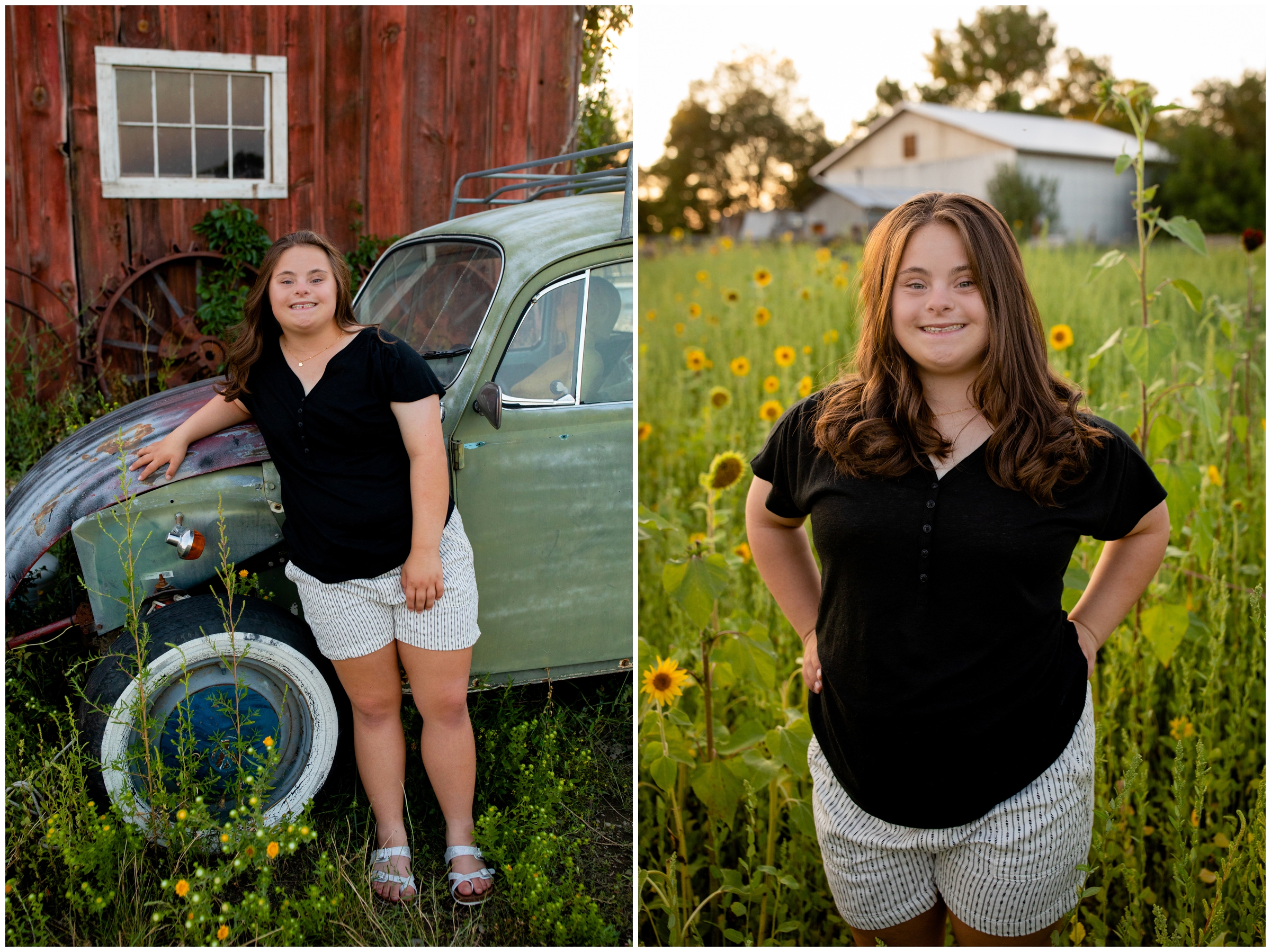 Teen girl leaning on old VW bug during Longmont senior pictures at Bee Hugger Farm