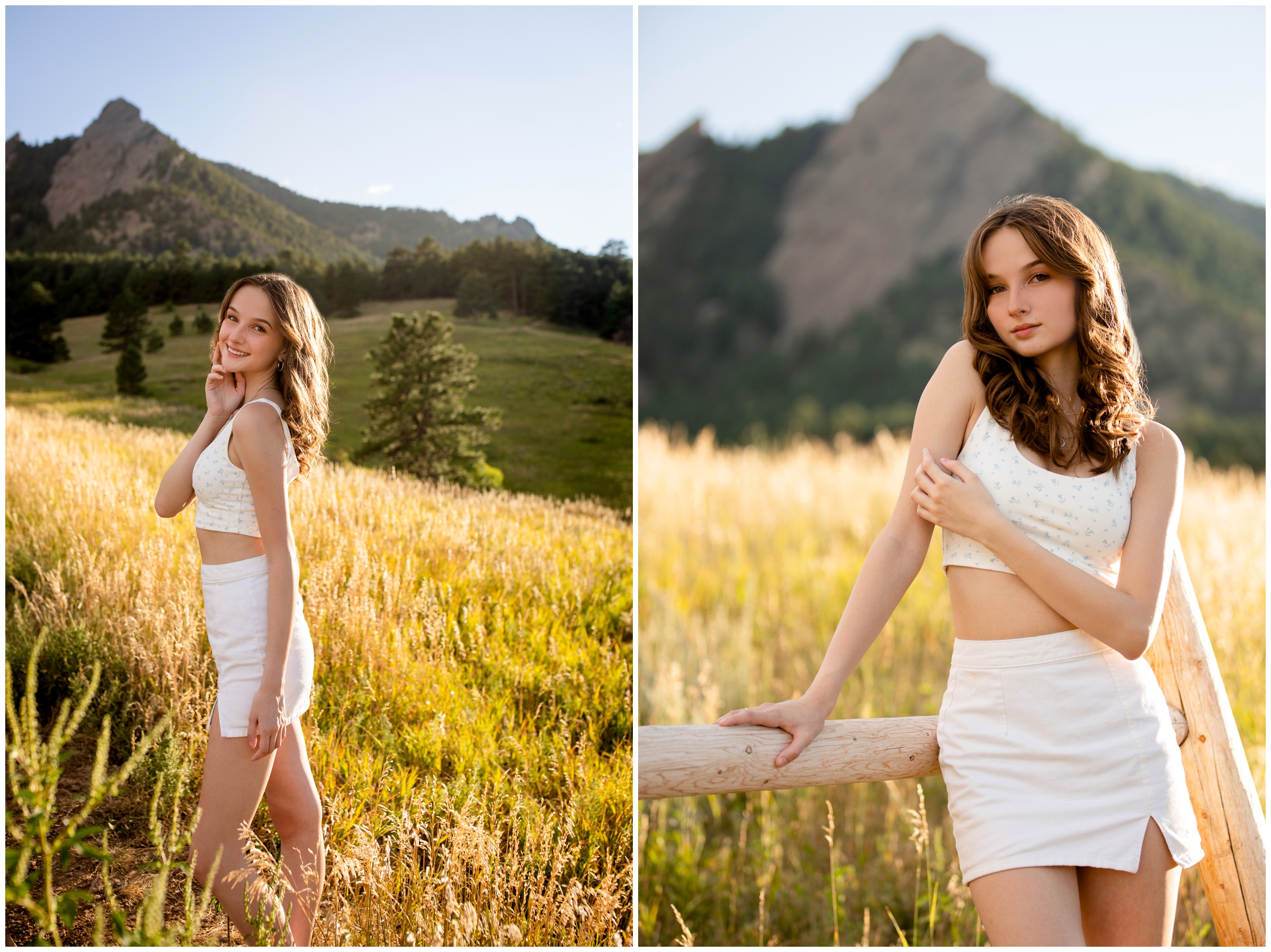 teen leaning against fence with flatirons in the background during Northern Colorado senior photography session 