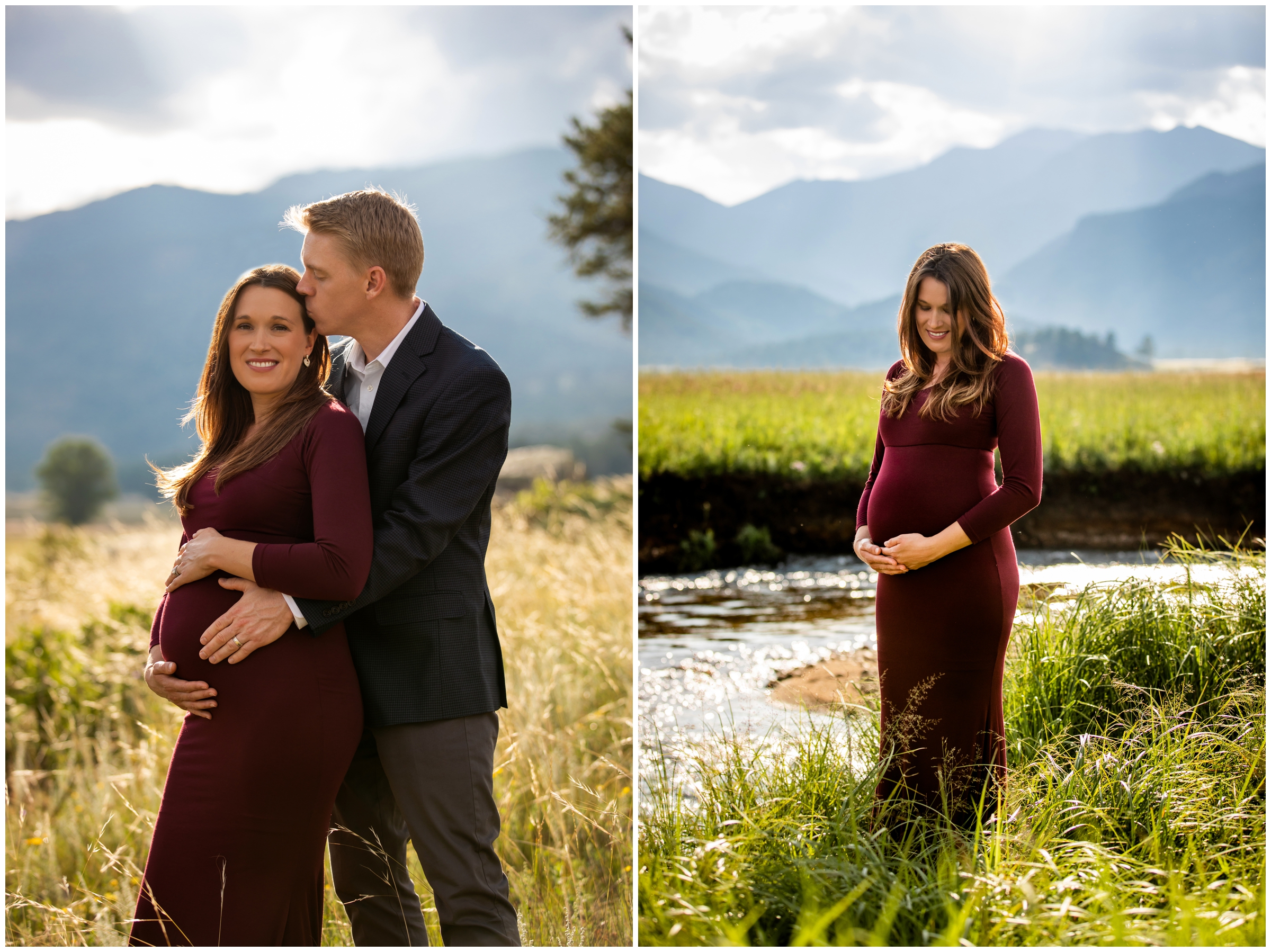 pregnant woman in maroon dress with mountains in background during Moraine Park RMNP maternity portraits by Plum Pretty Photo