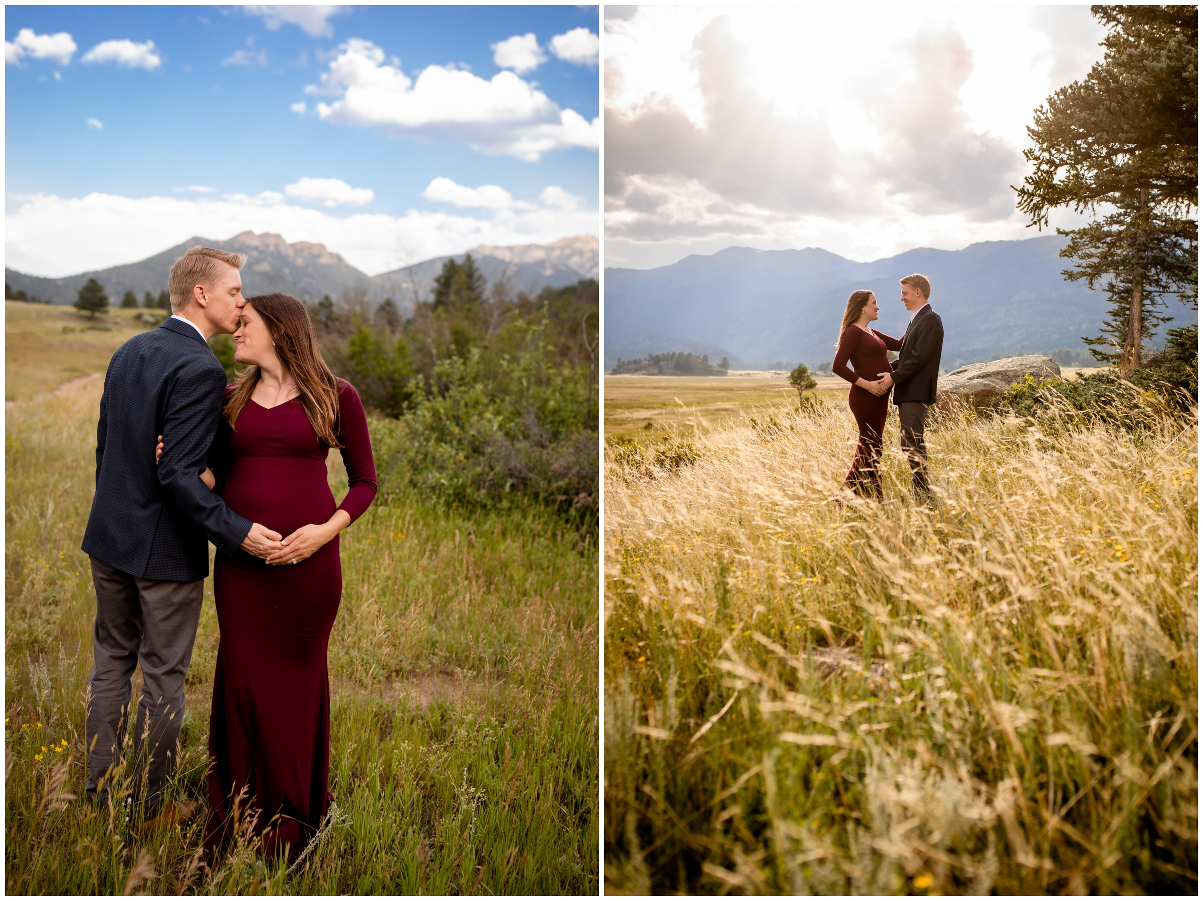 couple posing in a field of long grass at Moraine Park in Estes Park Colorado 