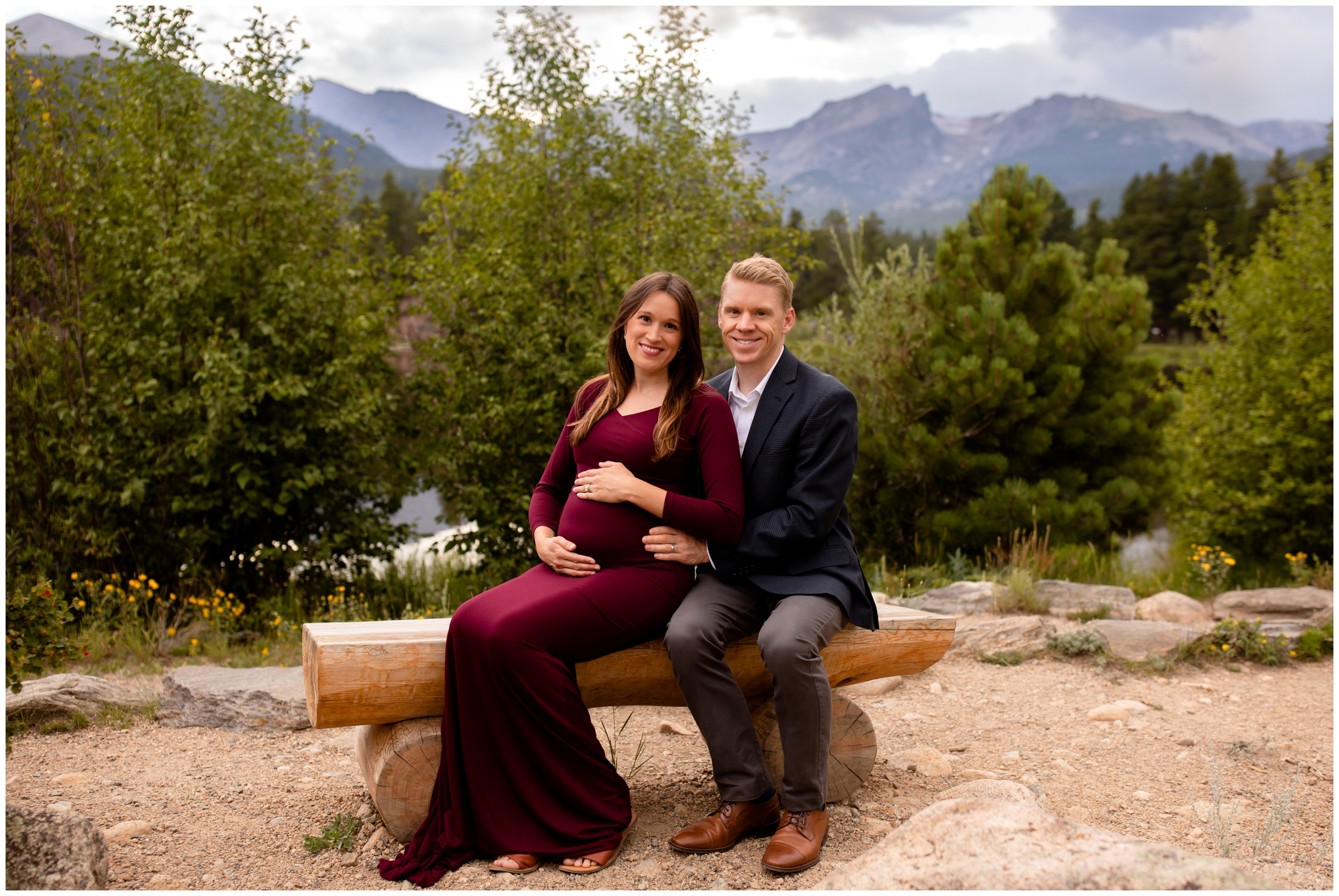 couple posing on a bench at Sprague Lake during Estes Park Colorado couple's photo shoot 