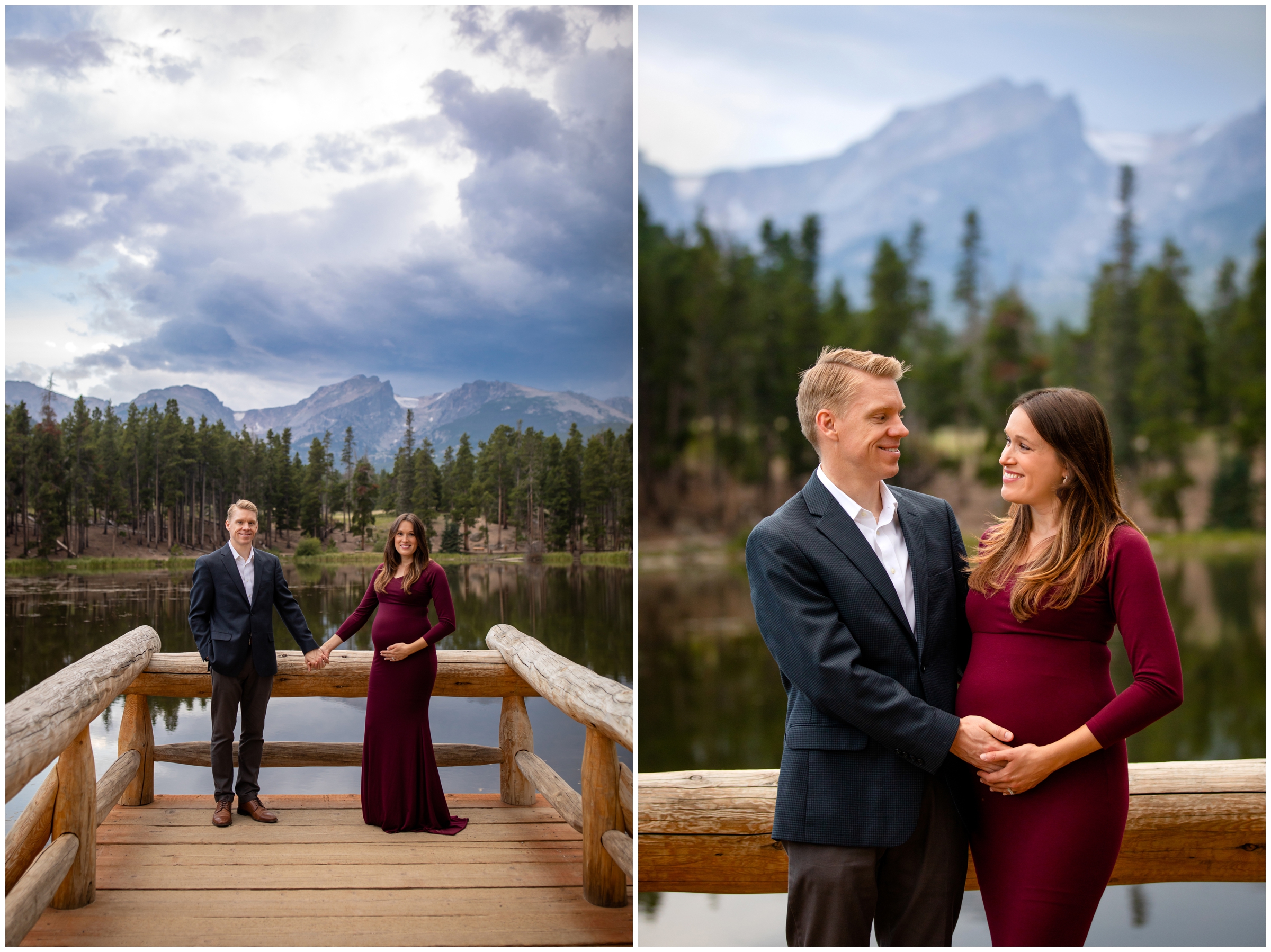 couple posing on wooden dock during Colorado maternity photos at Sprague Lake 