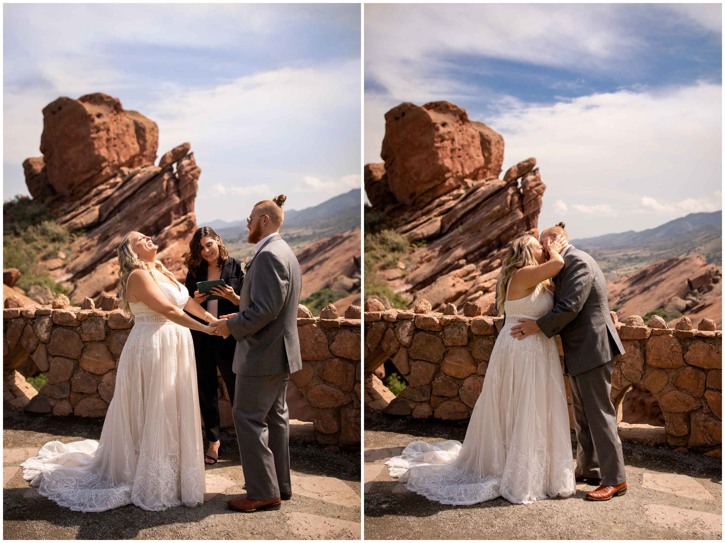 first kiss at Red Rocks Trading Post summer elopement wedding 