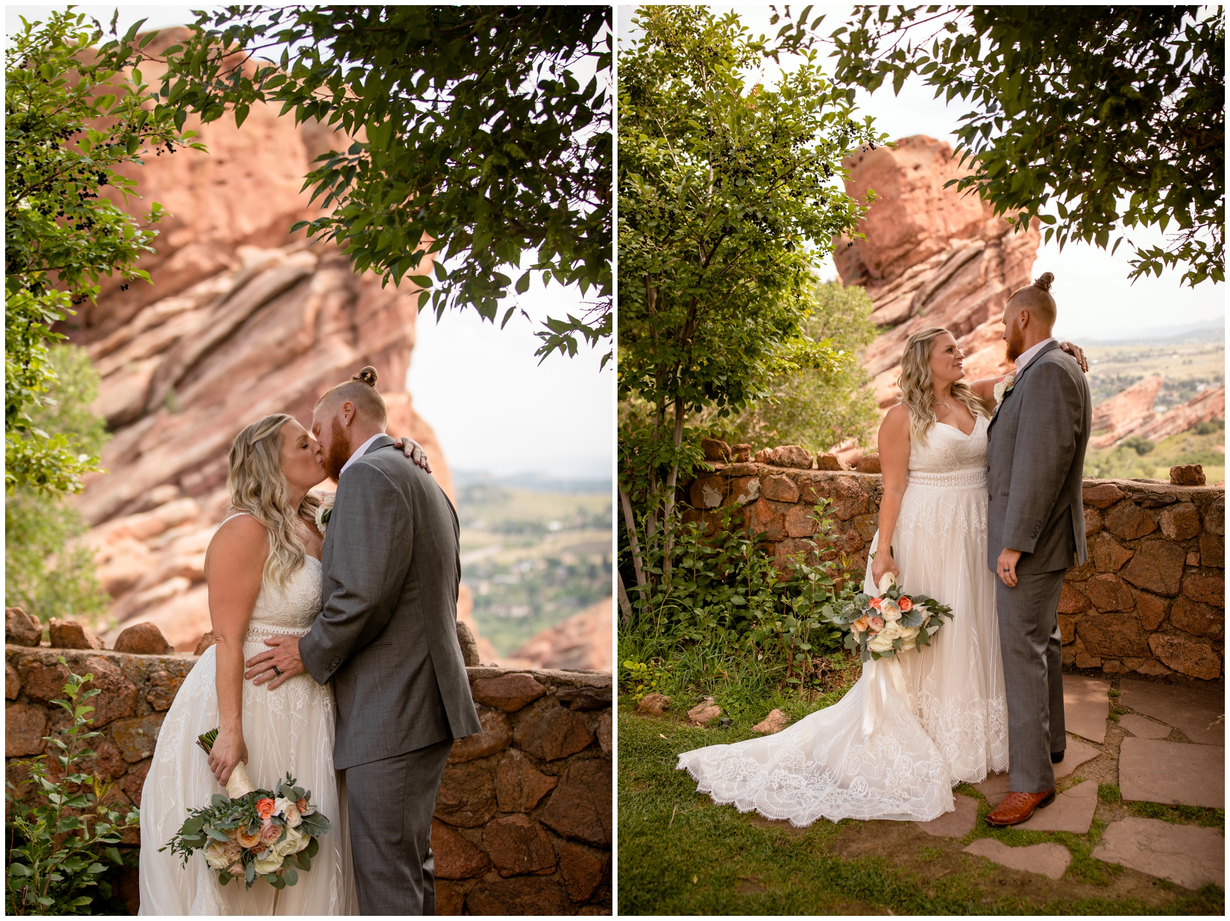 couple kissing in front of red rock formations during Colorado summer elopement wedding pictures 