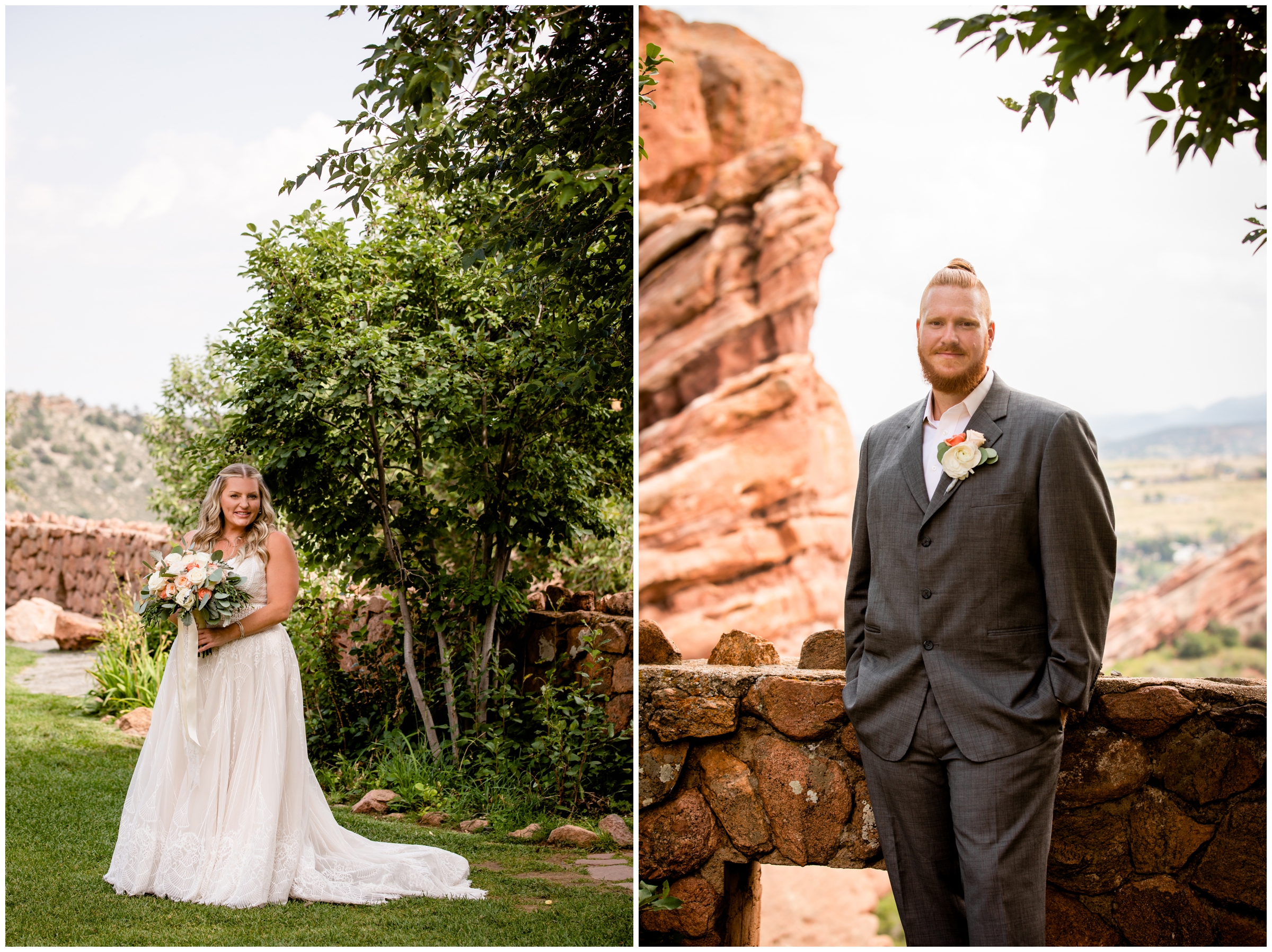 bride posing in grass at trading post during Red Rocks Colorado summer wedding portraits 