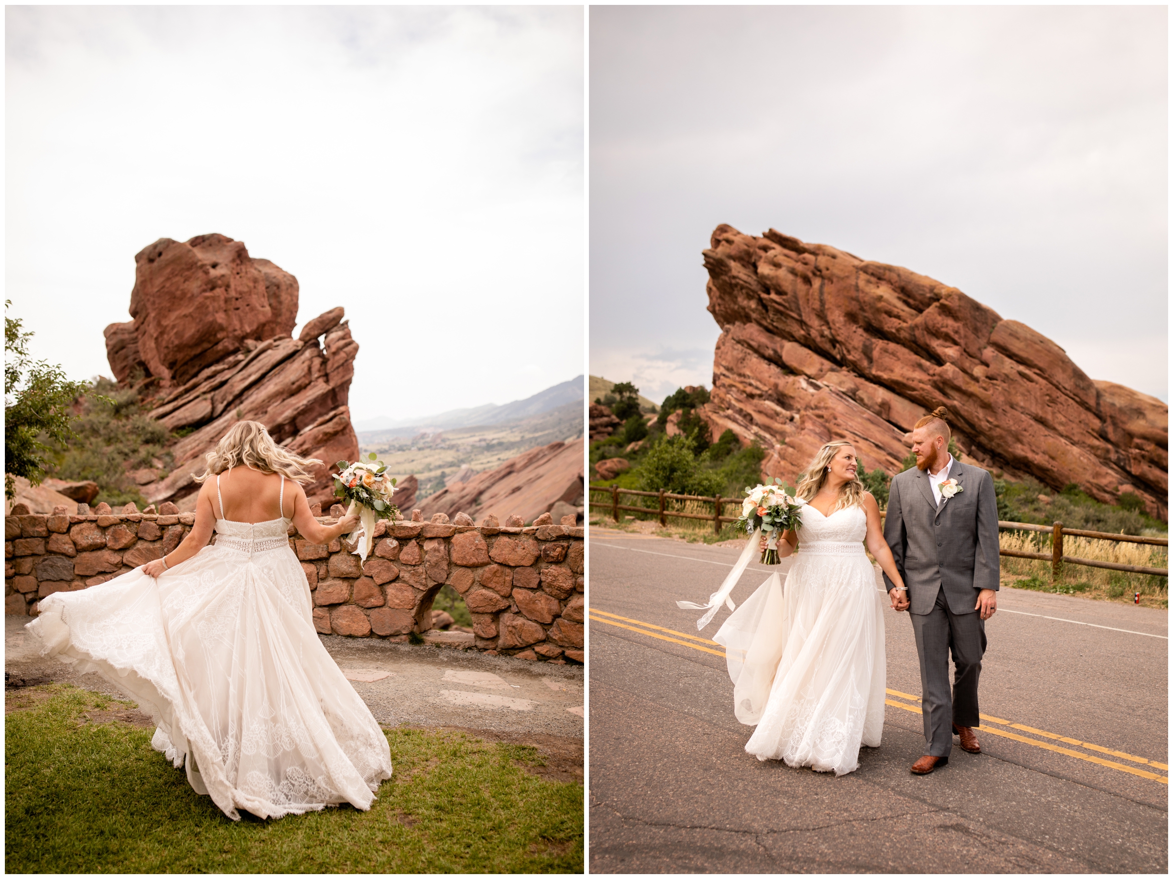 bride twirling in her dress with red rocks in the background during Morrison Colorado summer wedding photos 