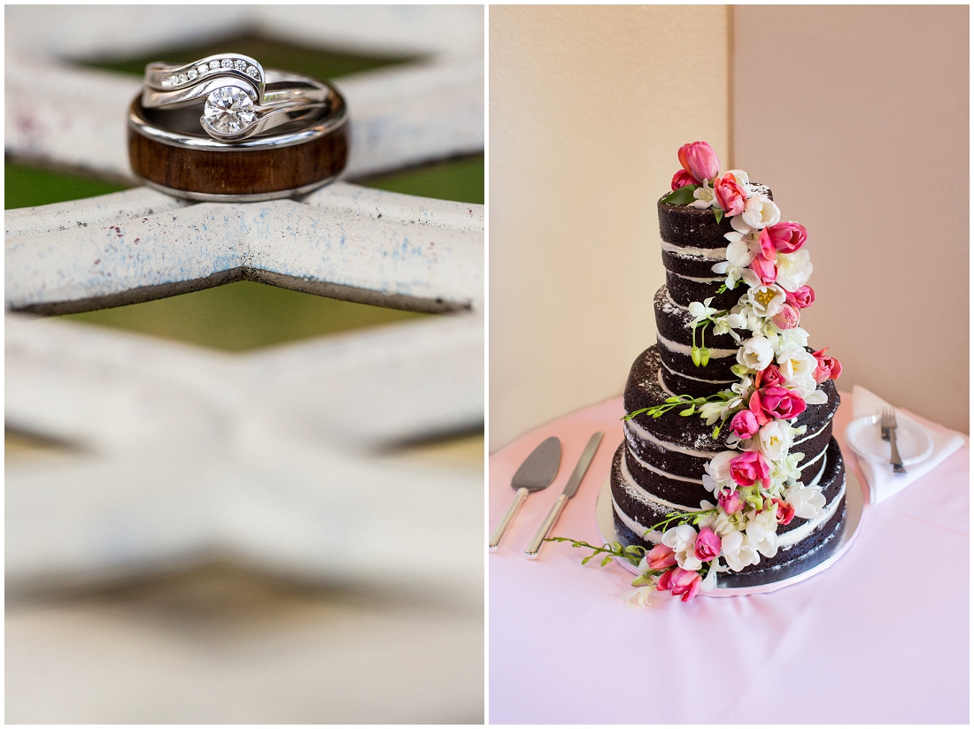 photo of wedding cake and wedding rings