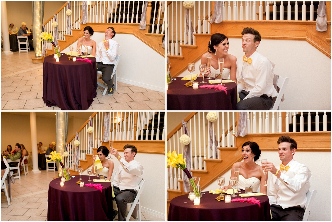 picture of bride and groom's reactions to wedding toasts