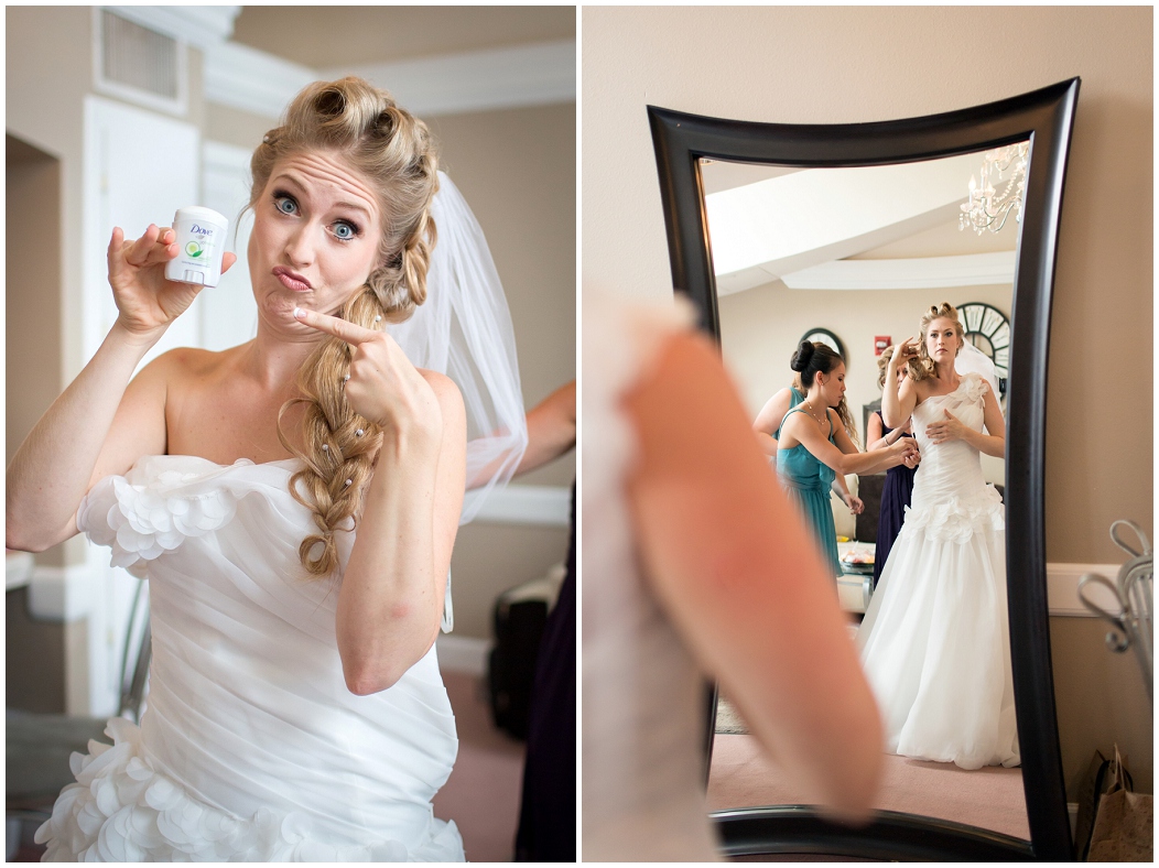 picture of bride getting in her dress