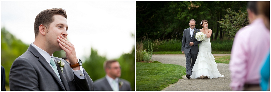 picture of groom's reaction while bride walks down the aisle