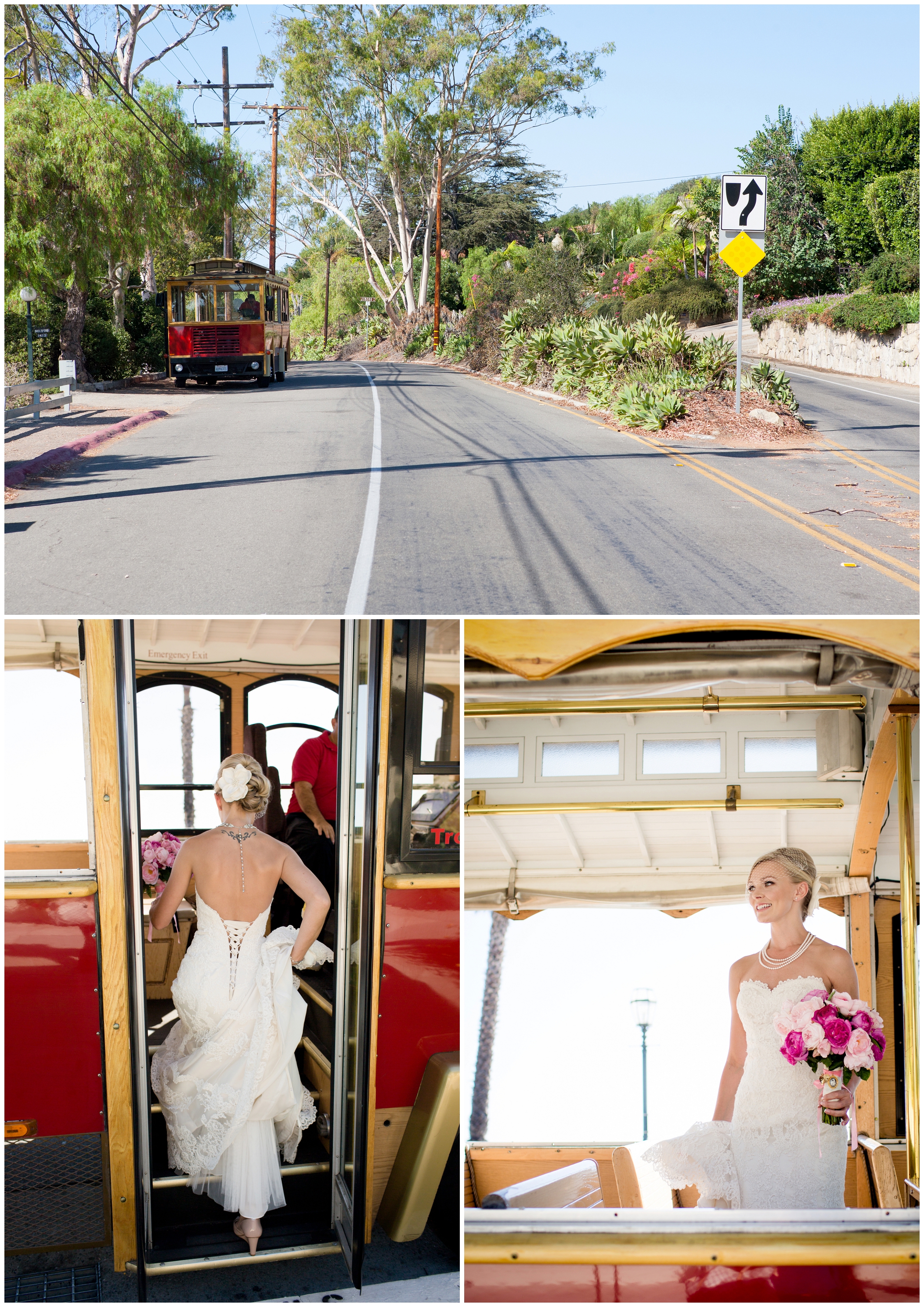 picture of a bride getting on a trolley 