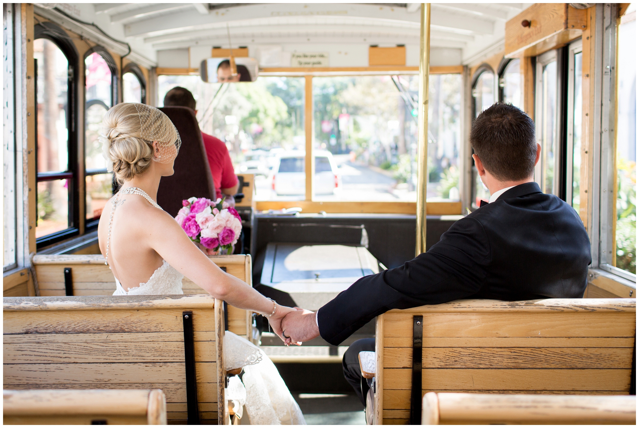 picture of a bride and groom in a trolley
