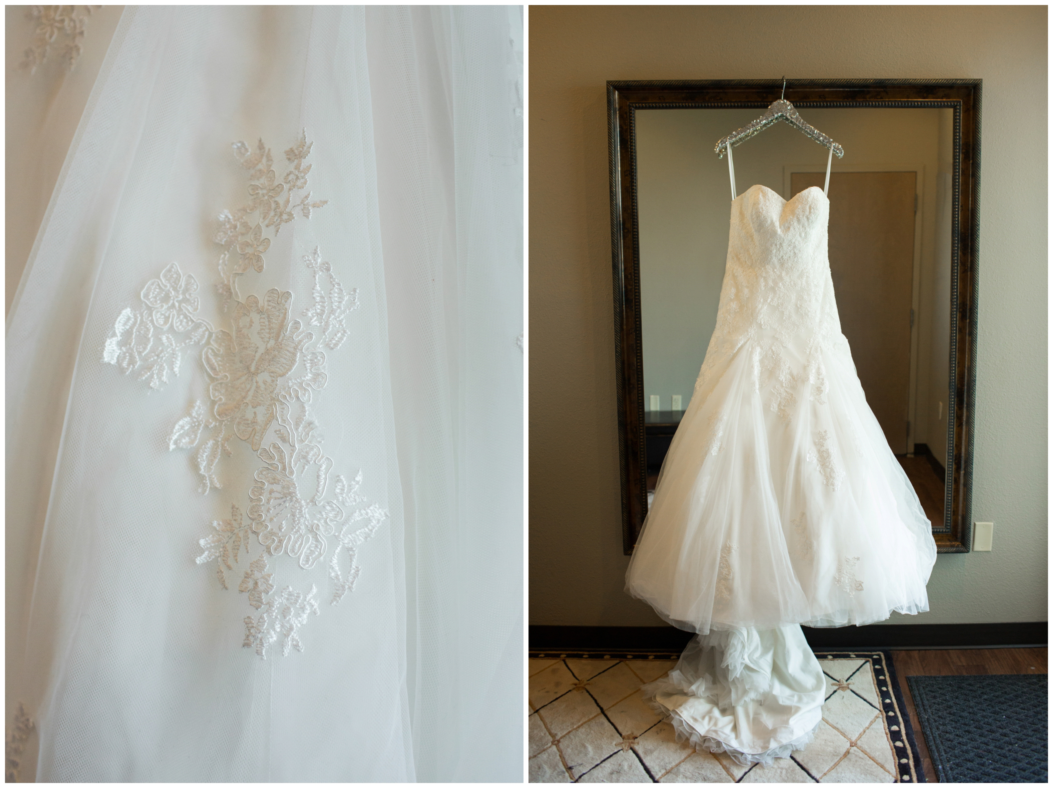picture of bridal gown hanging on mirror