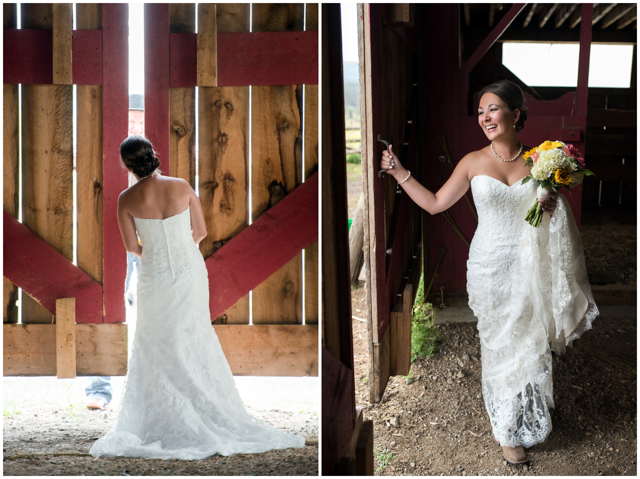 wedding first look in a barn 