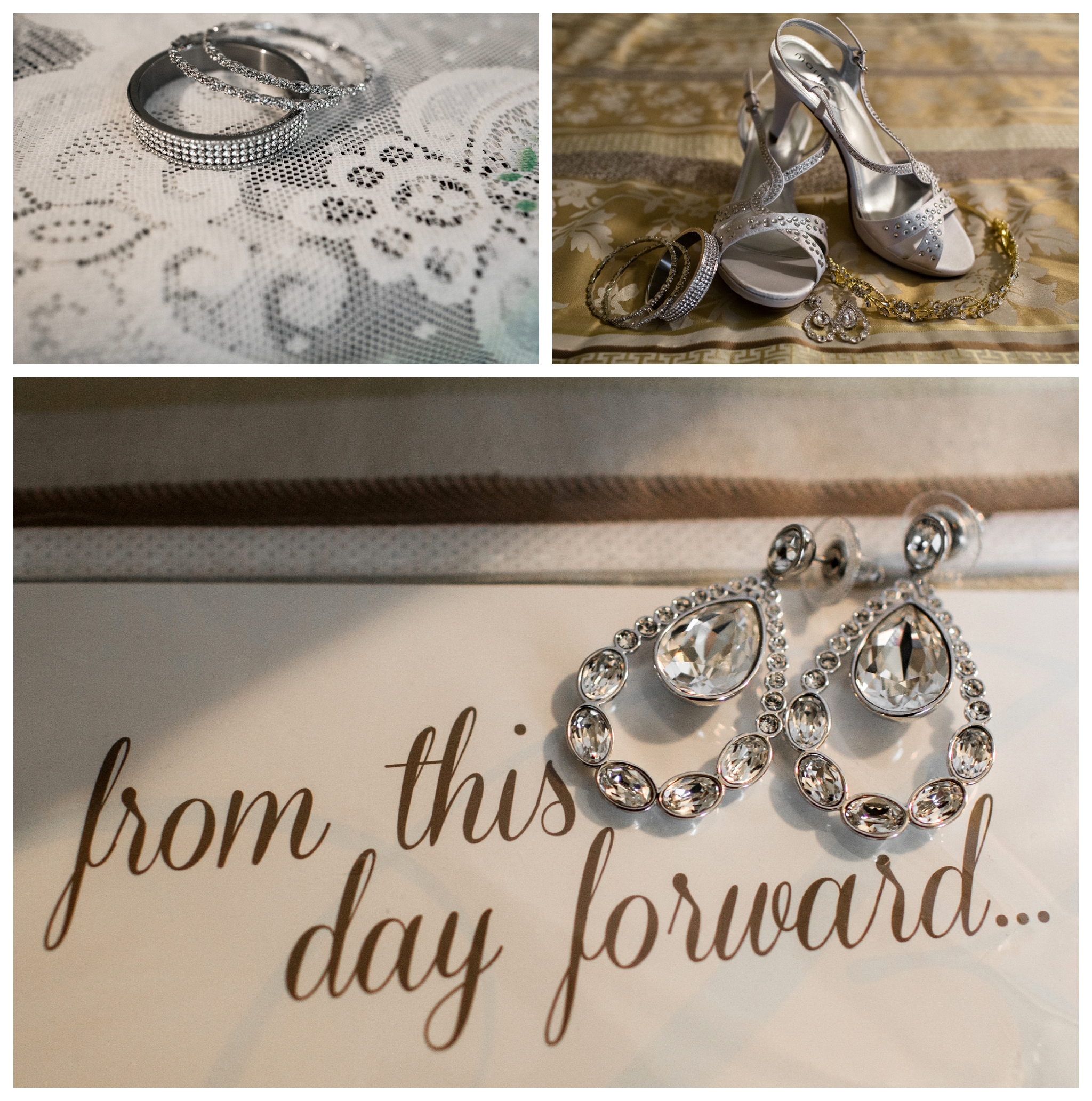 silver wedding shoes and rhinestone jewelry 