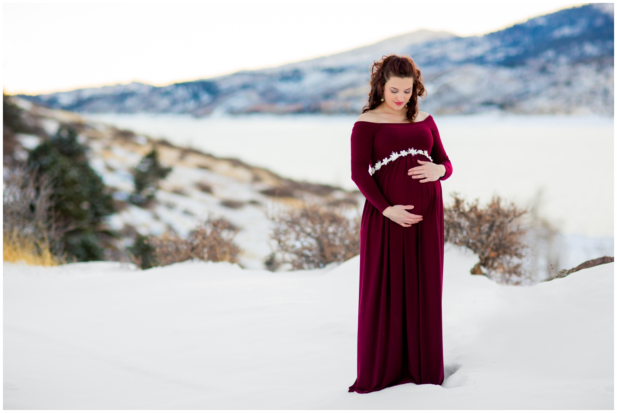 Fort Collins maternity photos during winter at Horsetooth Reservoir