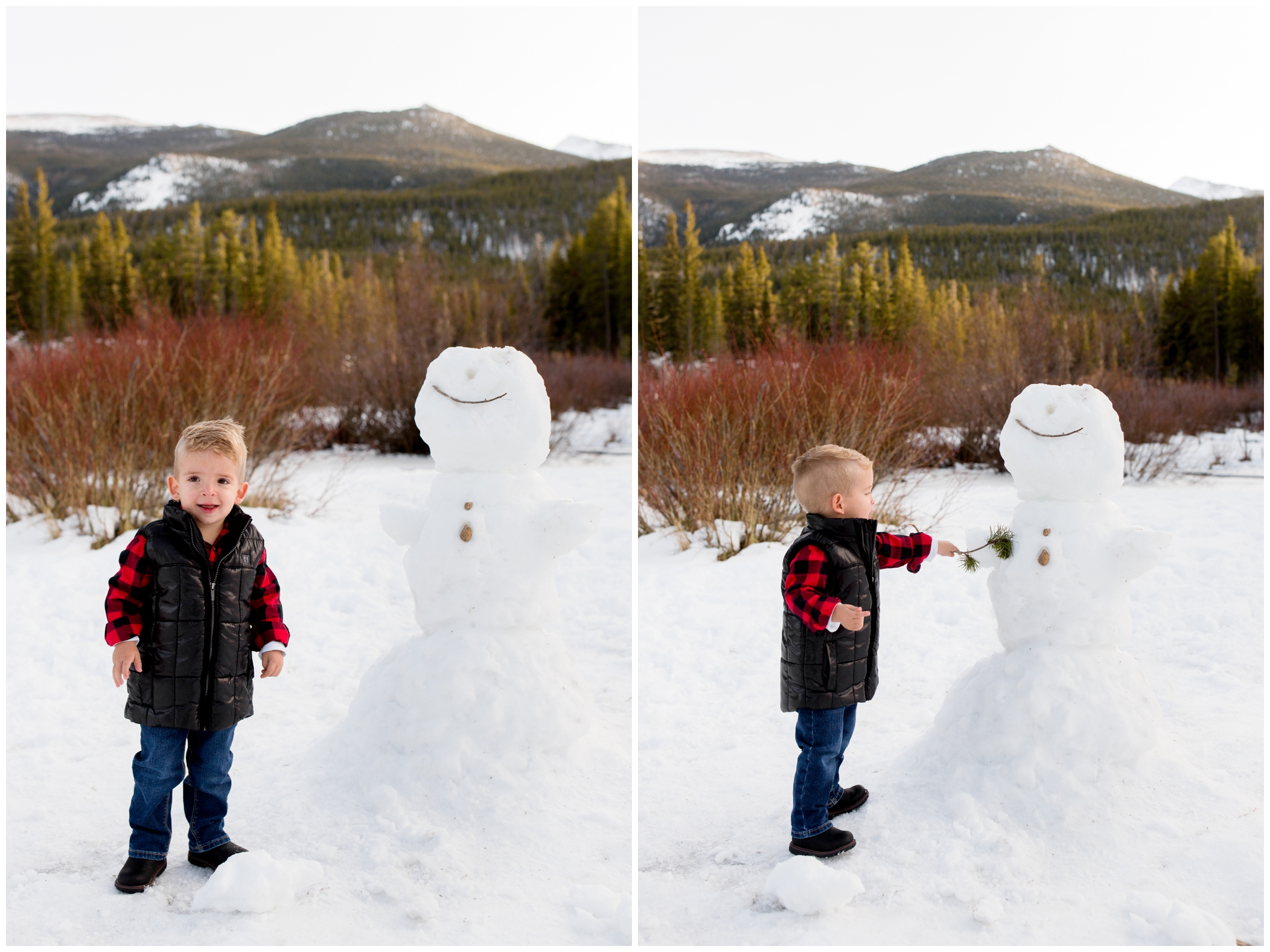 little boy building snowman at Colorado winter family photos 