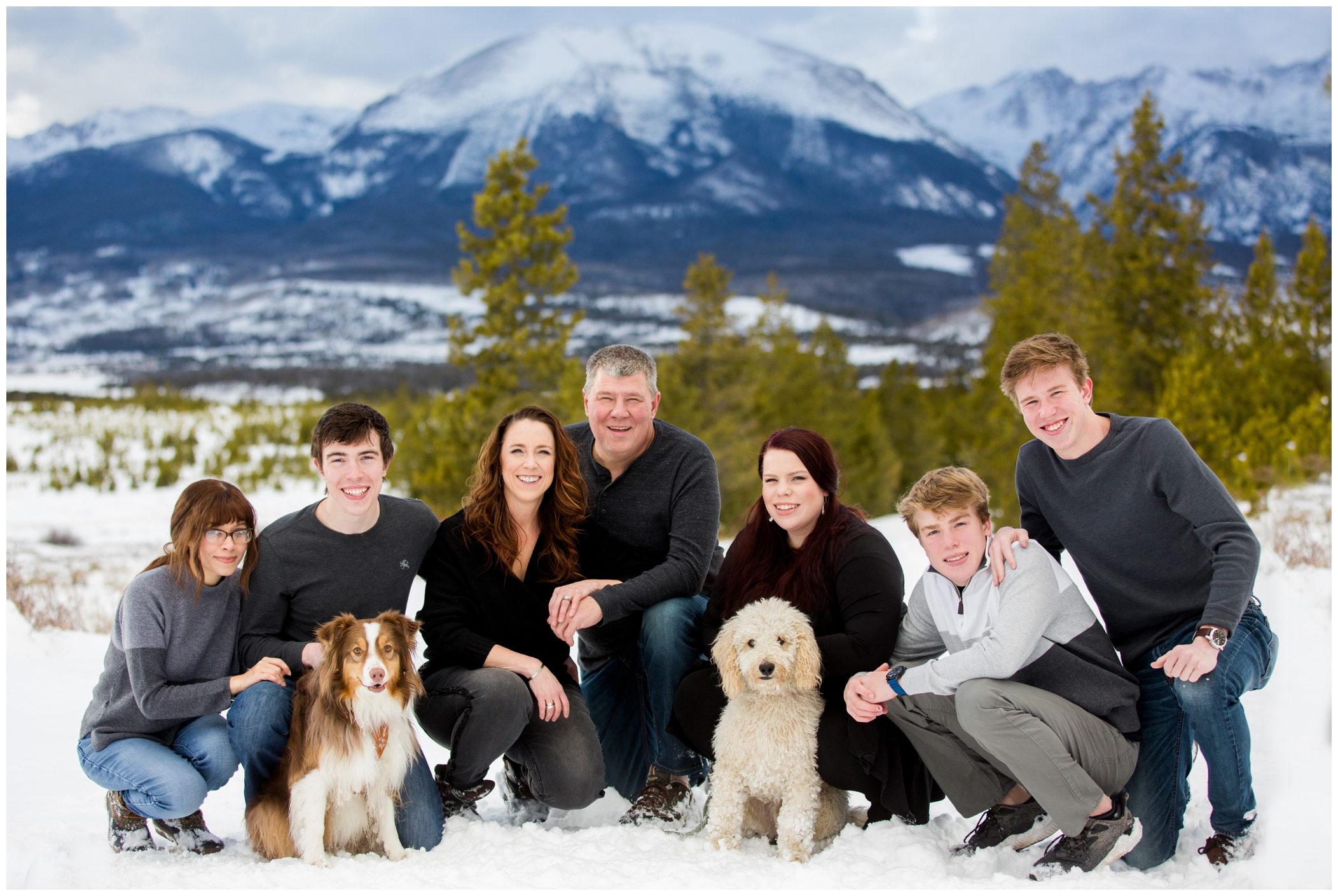 snowy winter Breckenridge family photos with dogs
