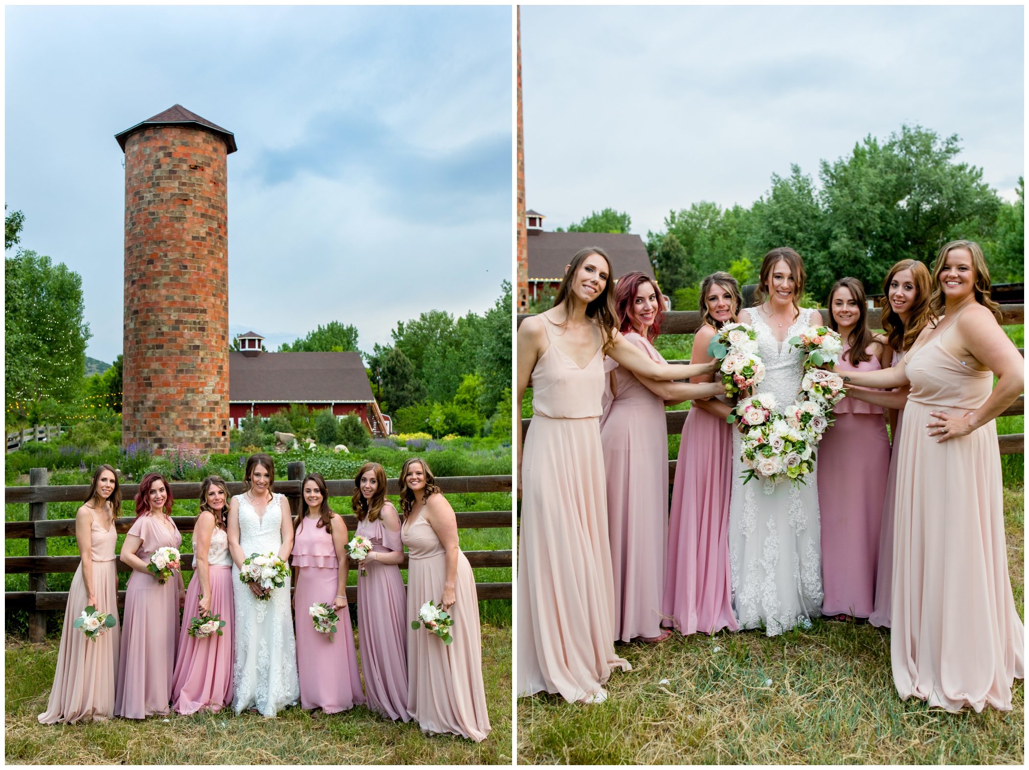 bridesmaids in mismatched pink dresses posing in front of a silo and barn 