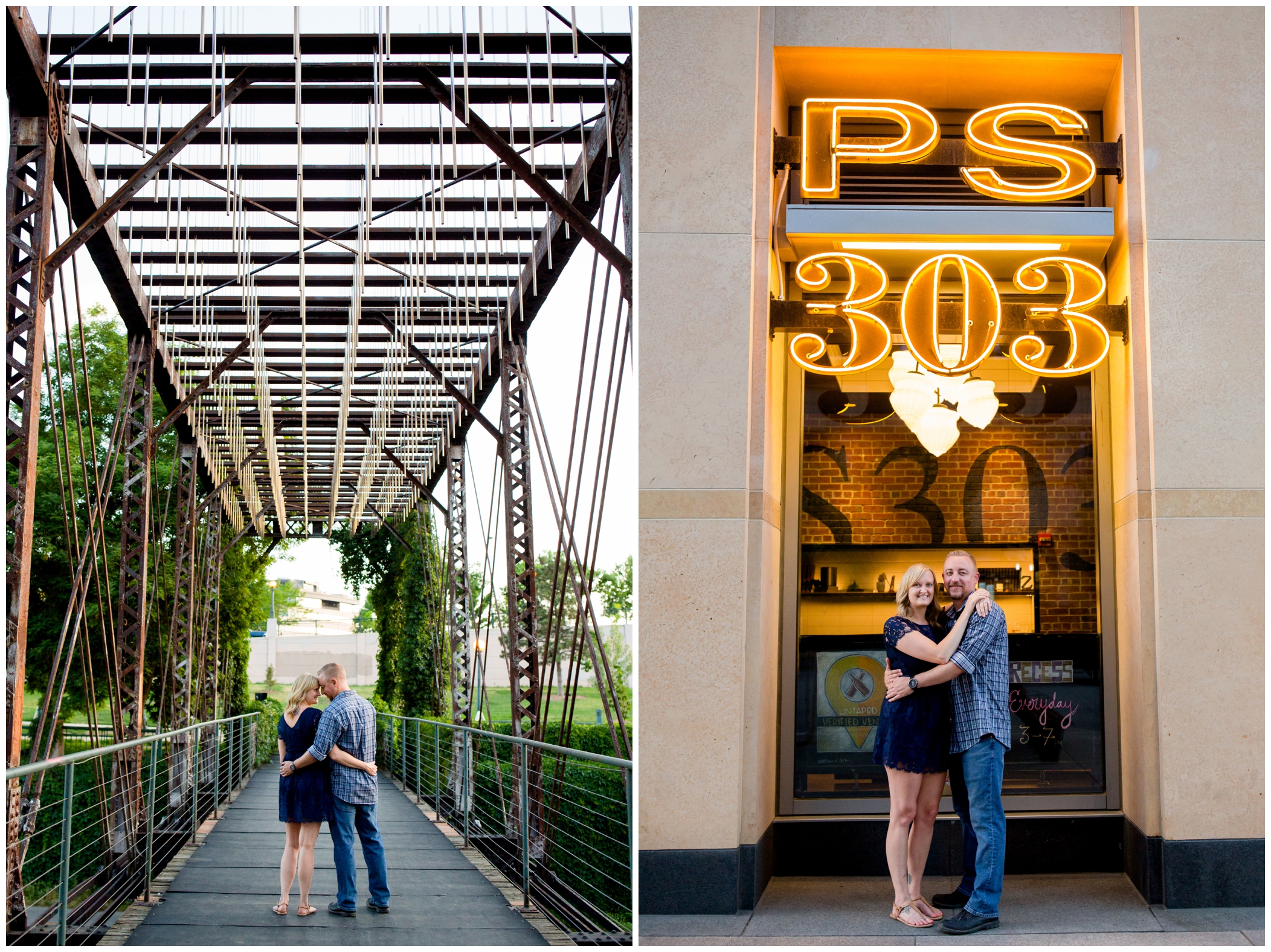 couple on a bridge during their Downtown Denver engagement photography session 