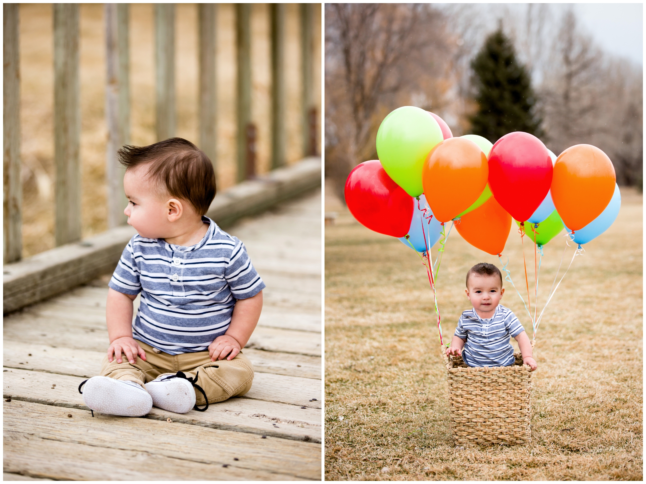 one year old boy in hot air balloon photo shoot