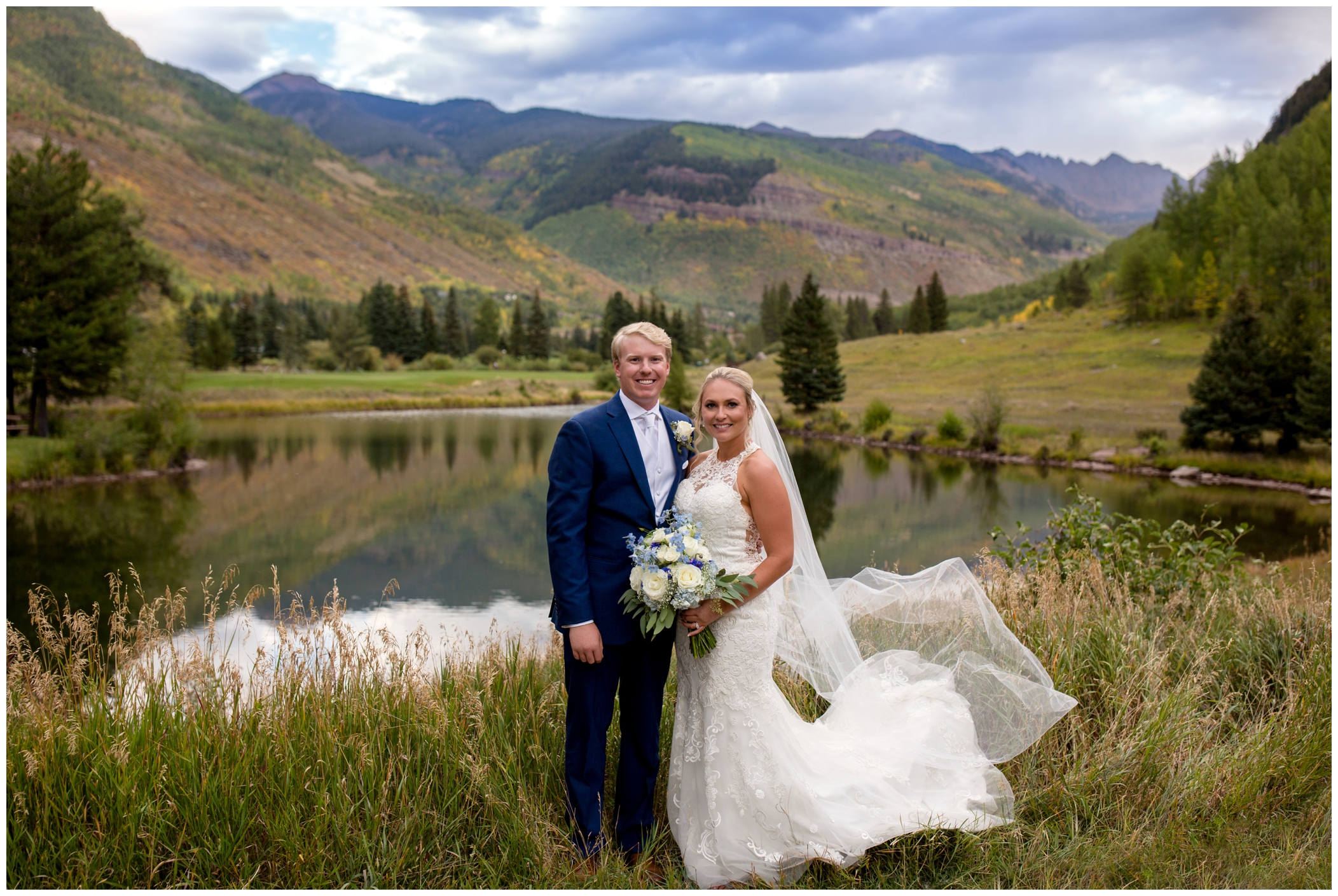 Vail Golf club wedding photos with mountains in the background