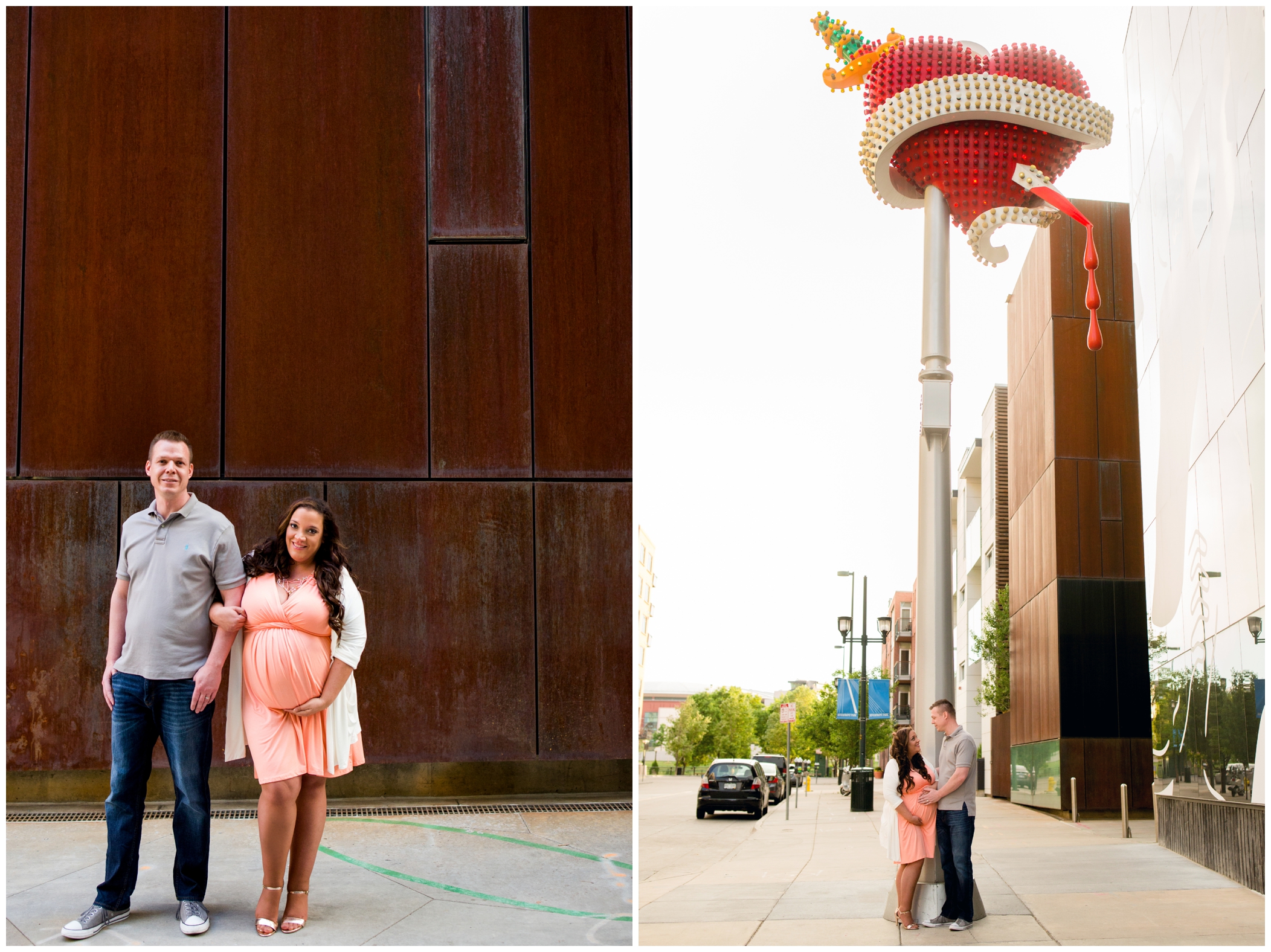 Denver Colorado maternity pictures by heart sculpture at Denver Museum of Contemporary Art