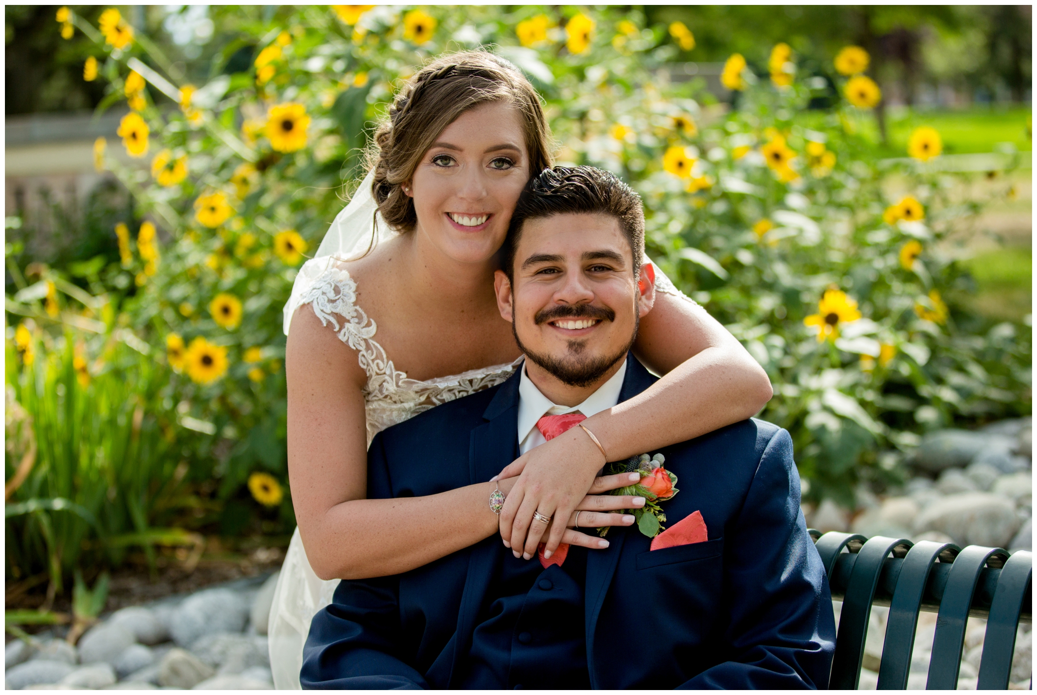 wedding photos with sunflowers in background at Doubletree Hotel Greeley Colorado