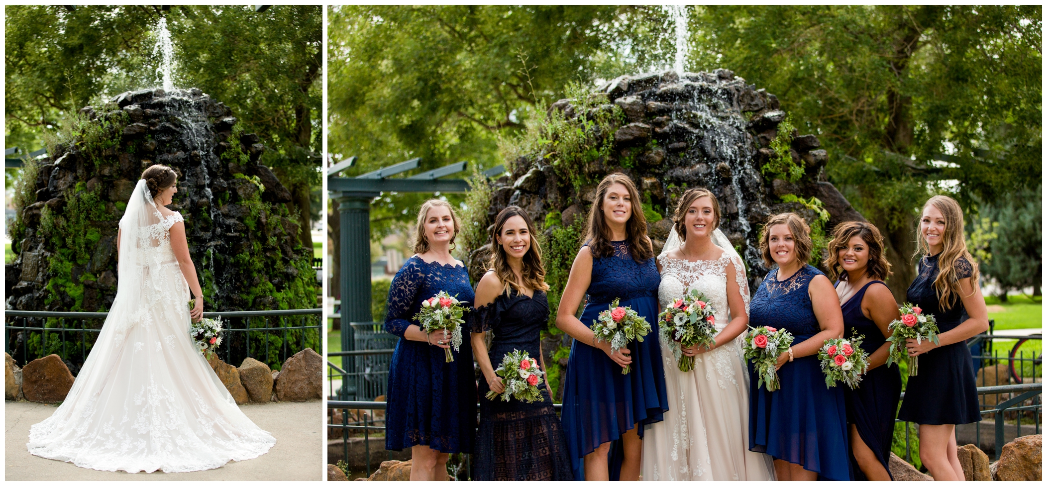 Lincoln Park Greeley wedding photos by a fountain 