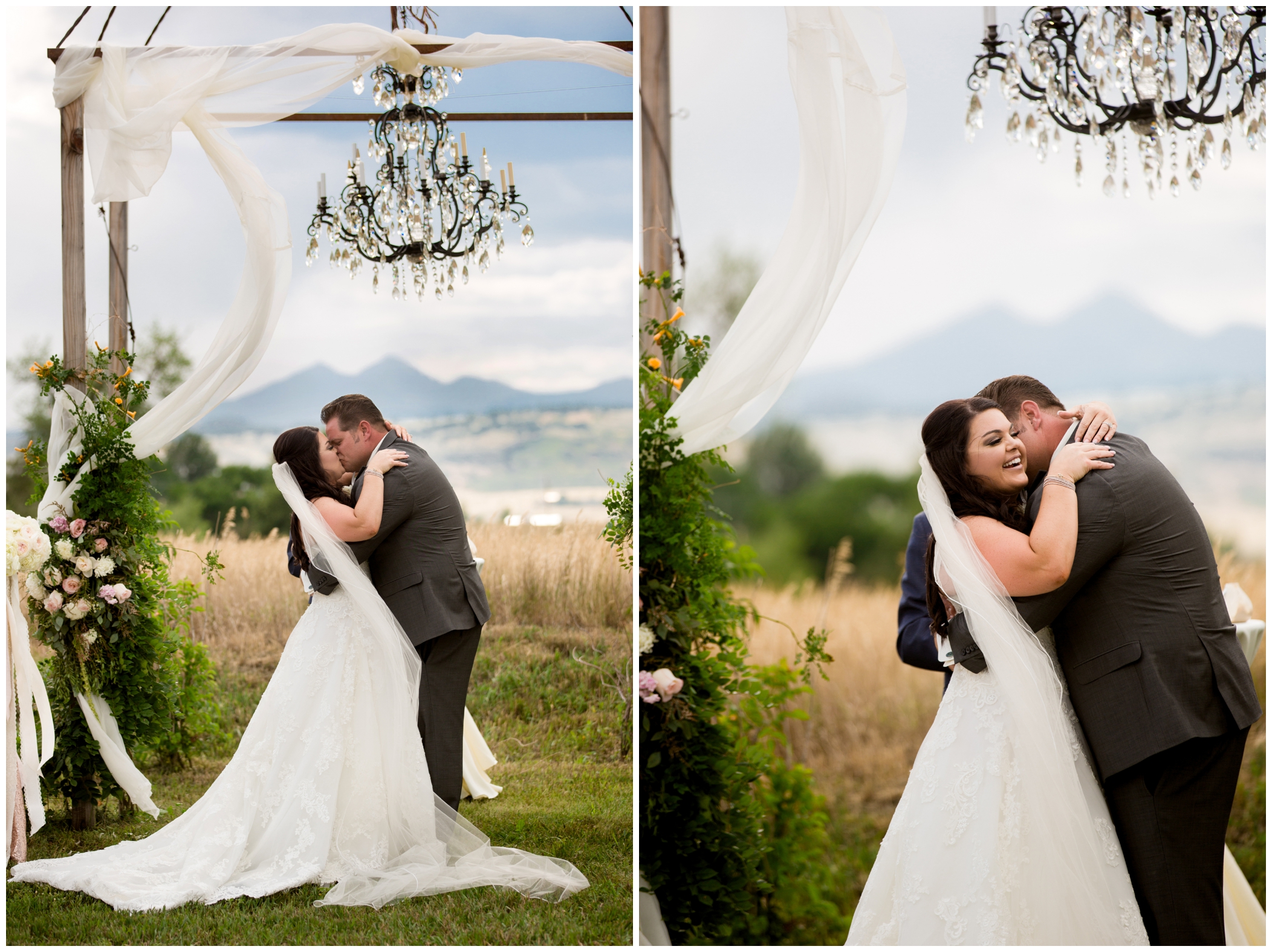 first kiss during stonewall farm colorado wedding ceremony