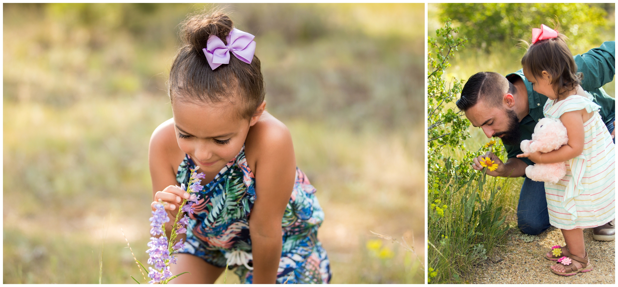 kids smelling flowers during Estes Park Colorado family pictures 