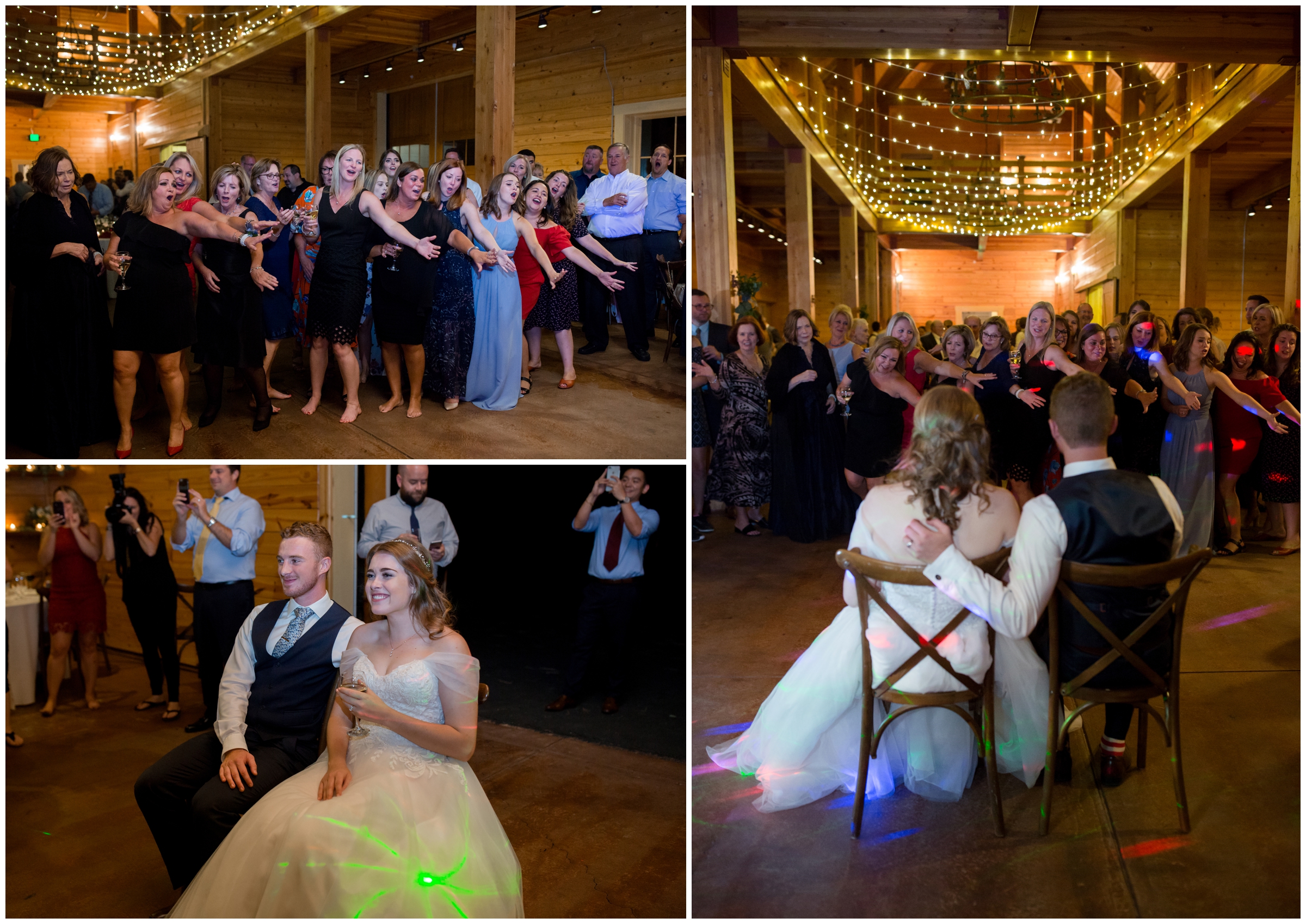 wedding guests singing to bride and groom at Larkspur Colorado wedding