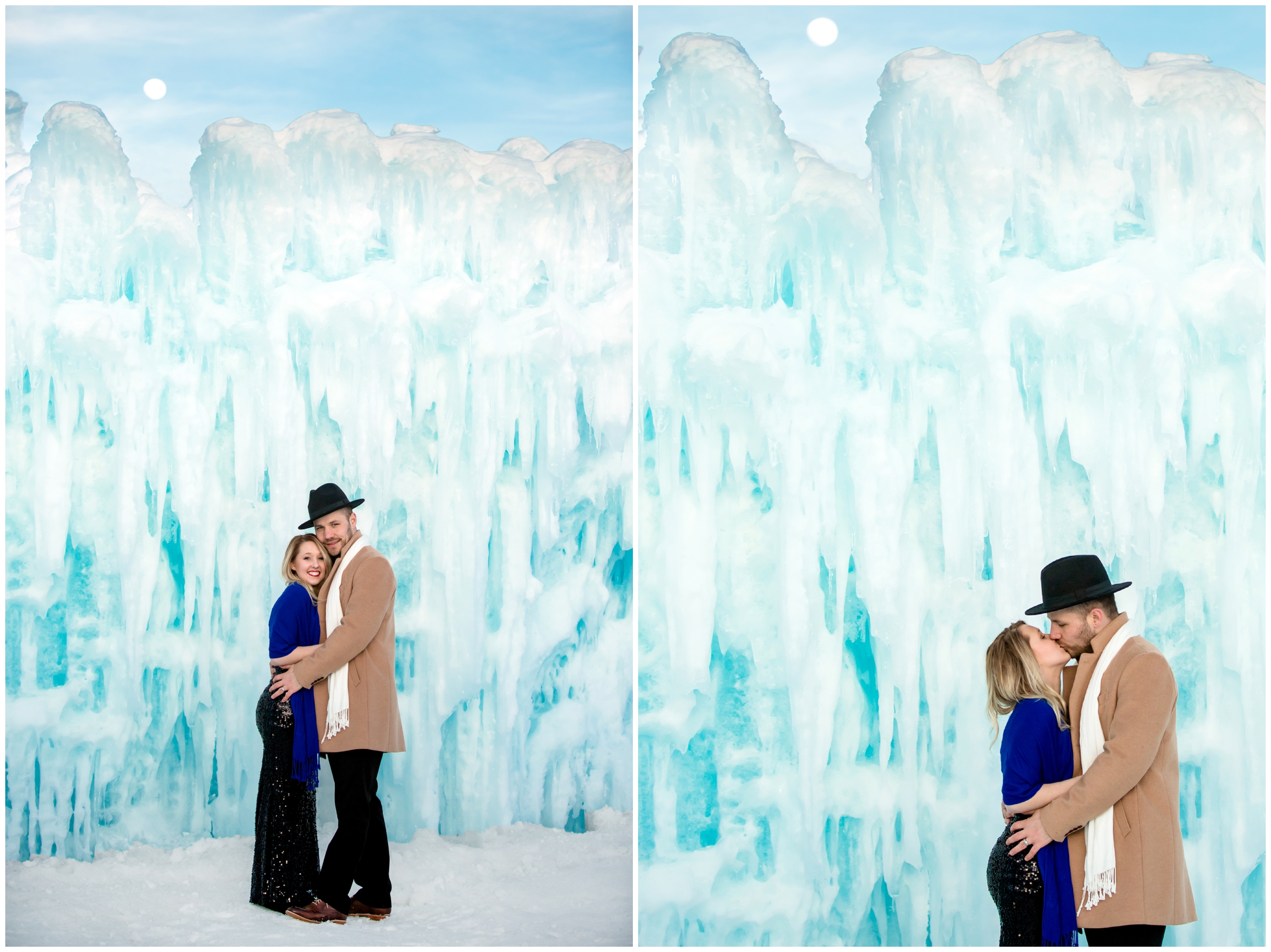 woman in long sparkly dress for Breckenridge Colorado winter anniversary photos 