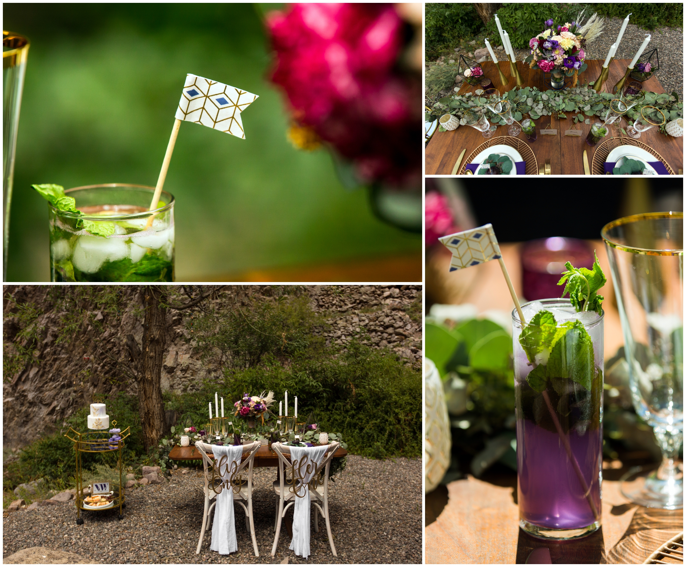 geometric intimate wedding reception details with purple and gold accents