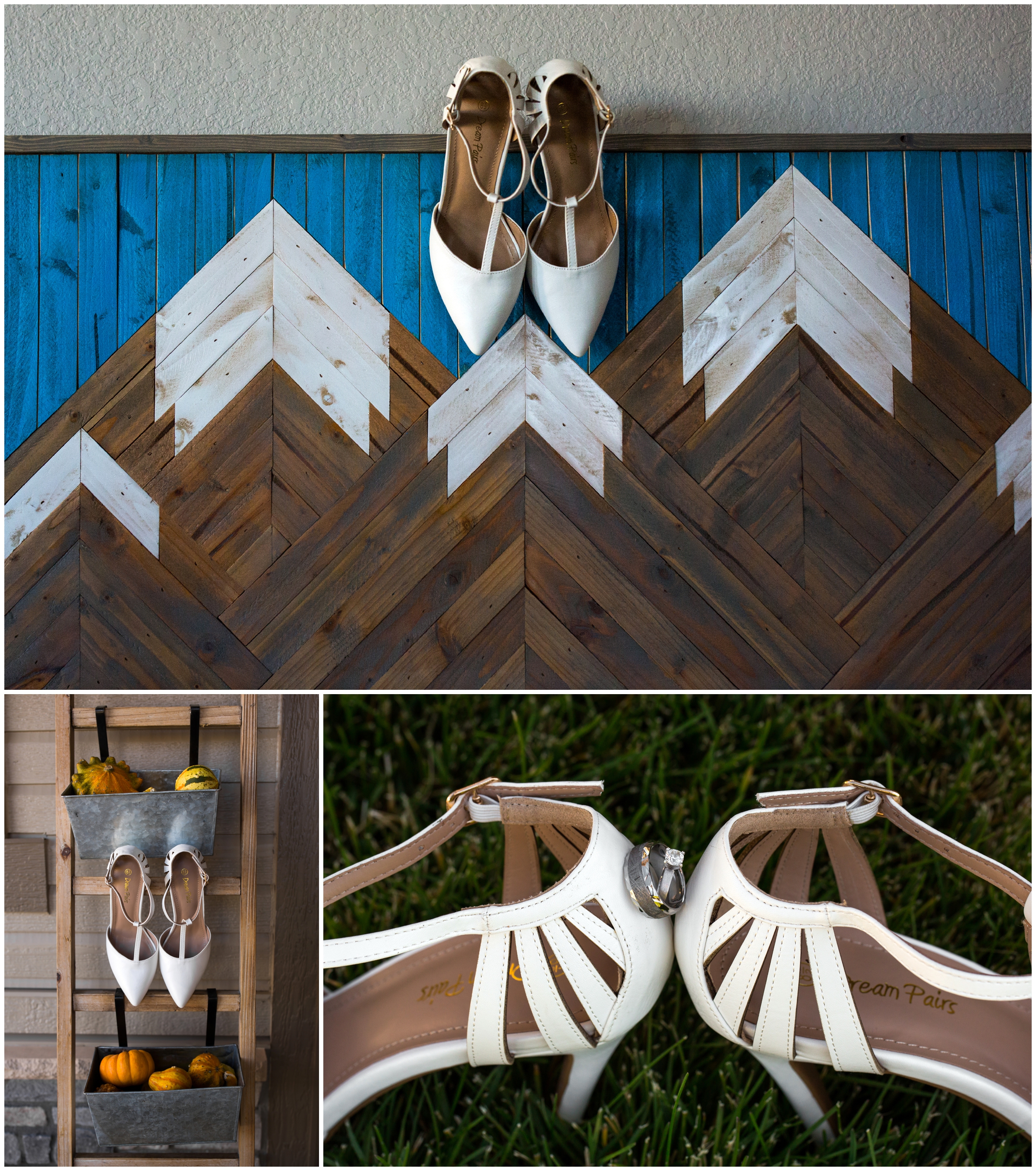brides shoes on wooden mountain picture at Erie Colorado wedding 