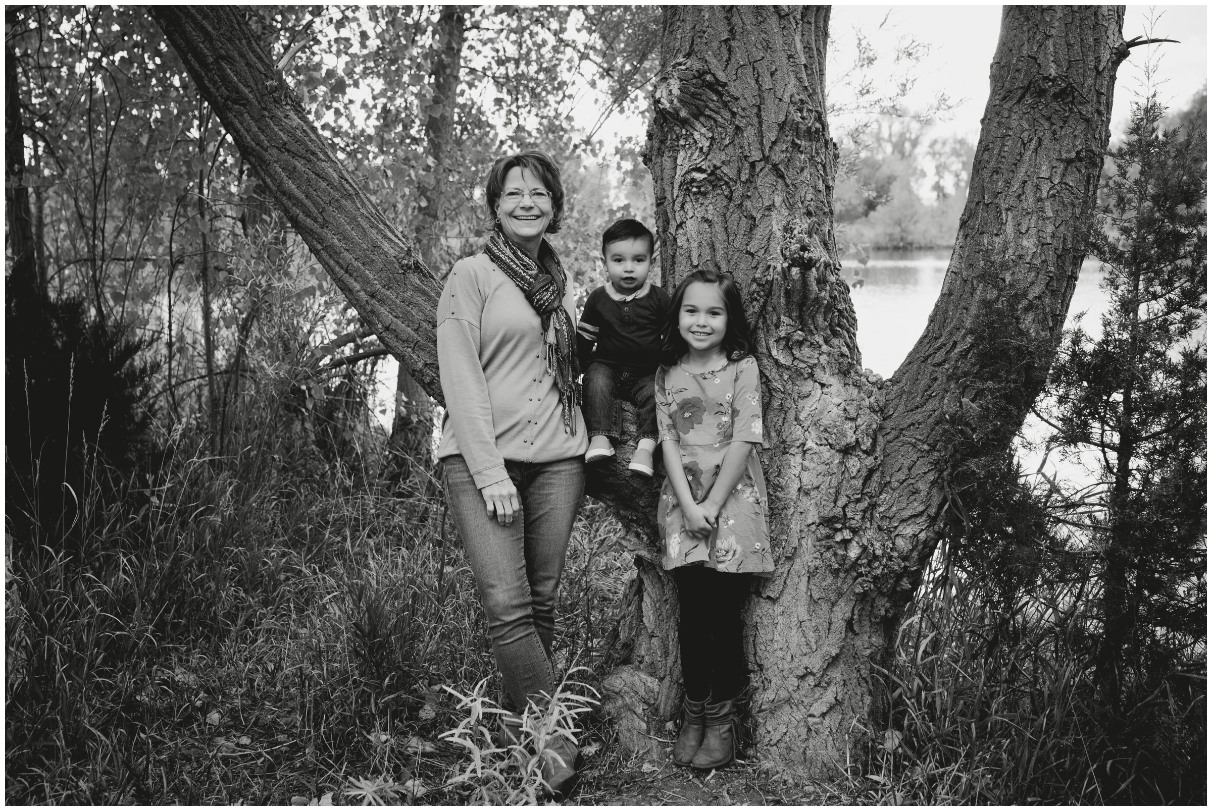 grandma with grandchildren during fort collins family photography session at Riverbend Ponds 