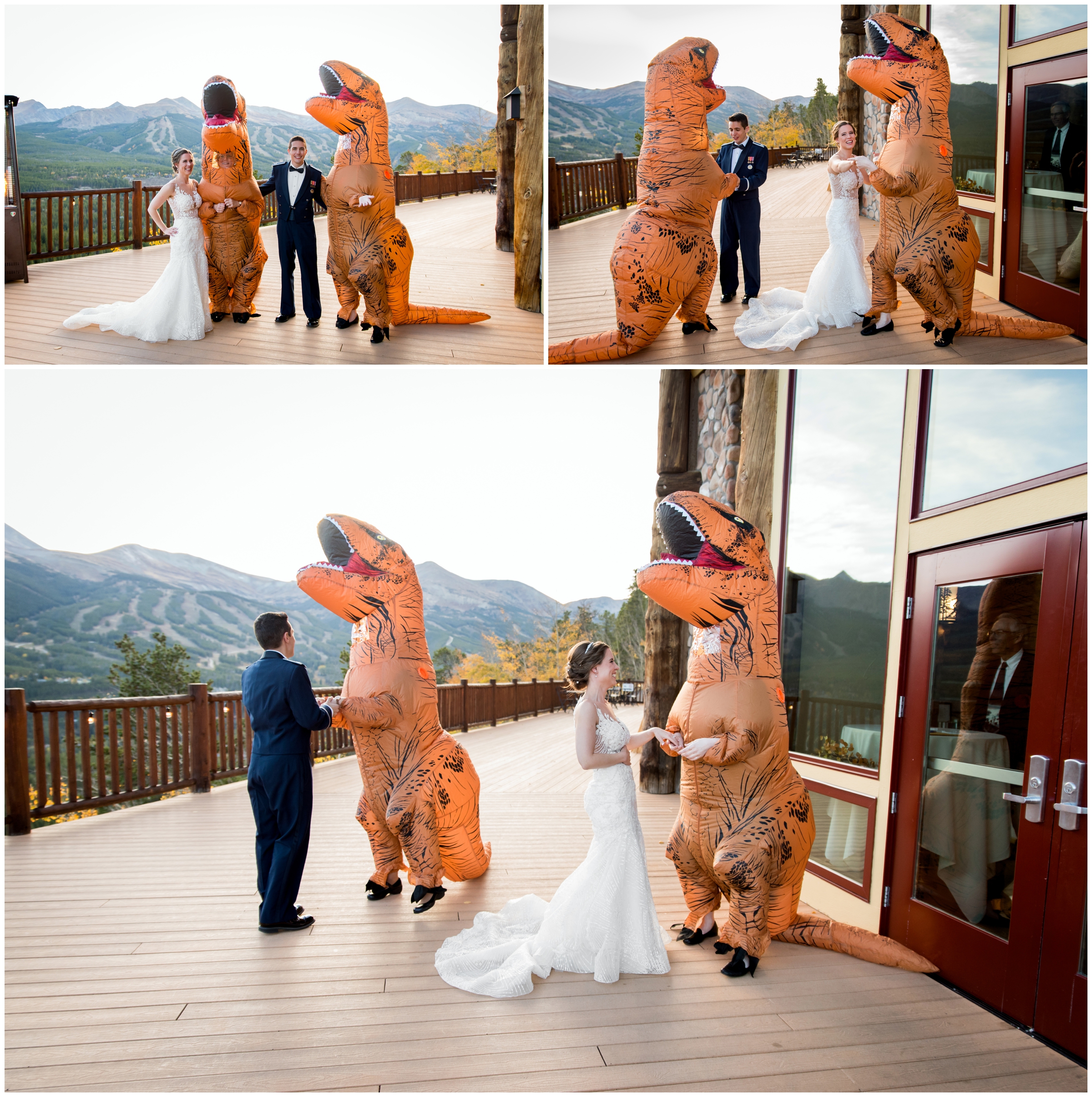 guests dressed in dinosaur costumes at the Lodge at Breckenridge wedding