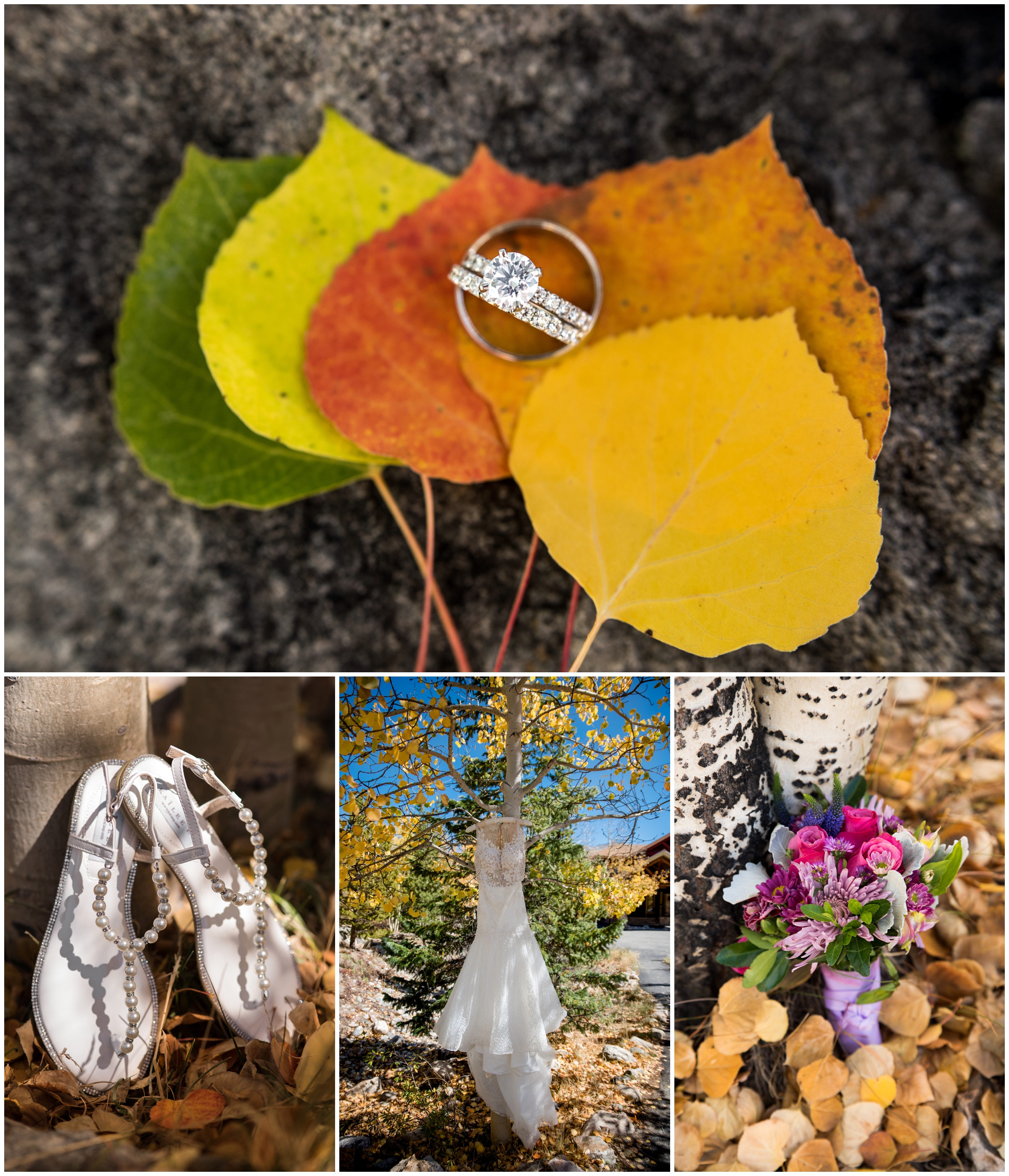 unique wedding ring photography with rings on aspen leaves 