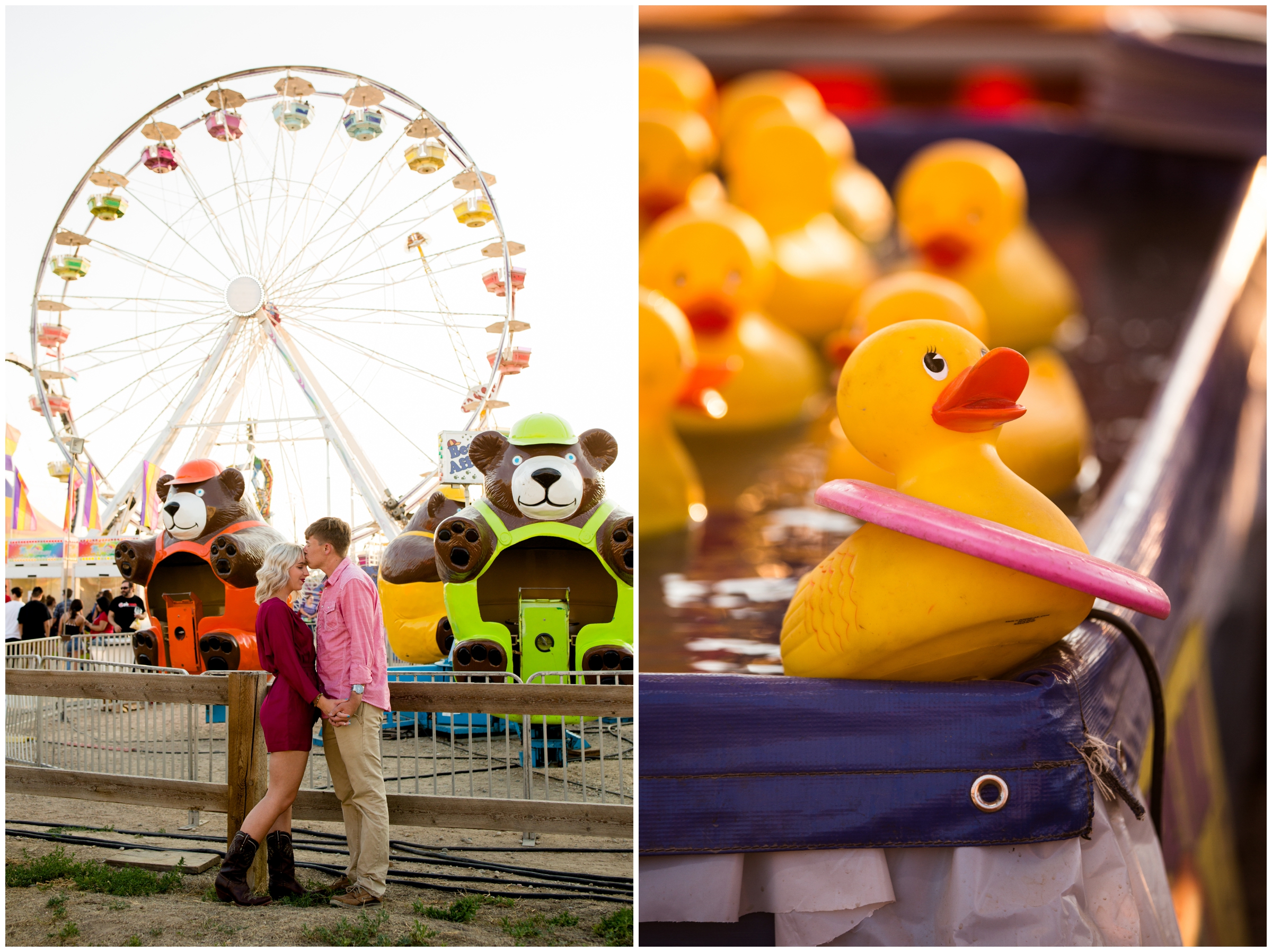 couple kissing with ferris wheel in background at carnival engagement photos