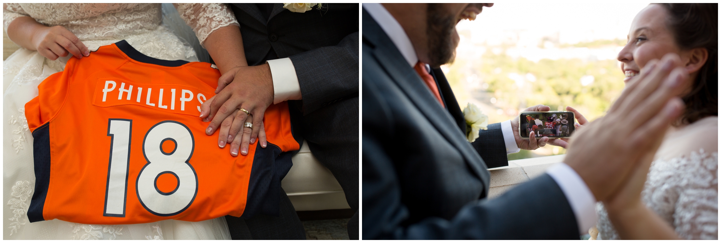 bride and groom watching Denver Broncos game during on wedding day