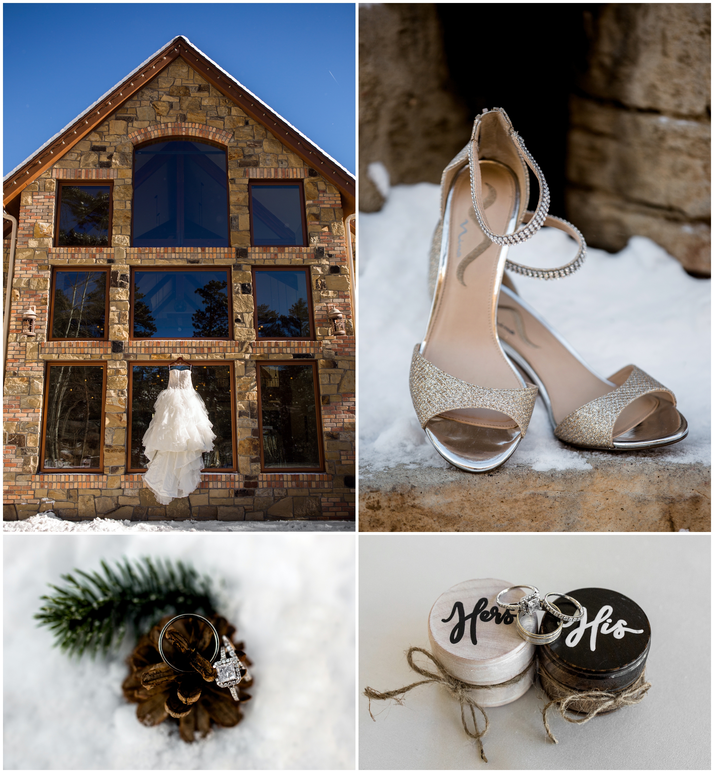 dress hanging on outside of building at Della Terra Mountain Chateau Estes Park wedding