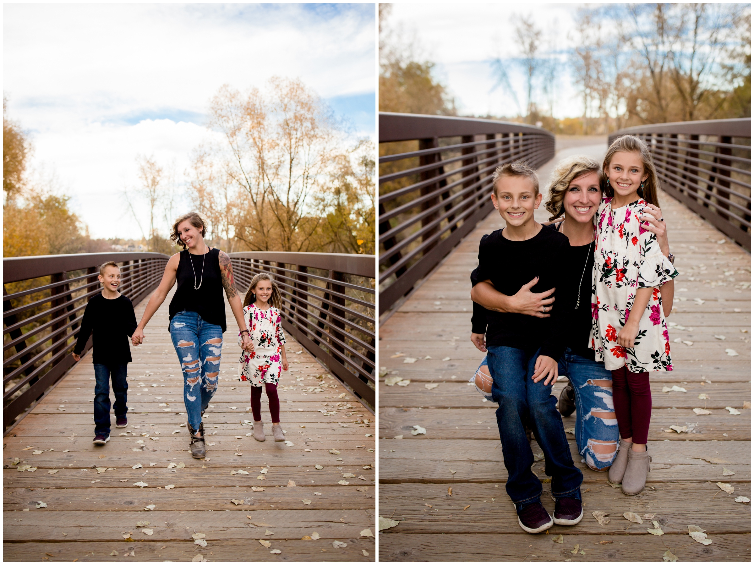 mom and kids walking on bridge during Longmont Colorado family photography session 