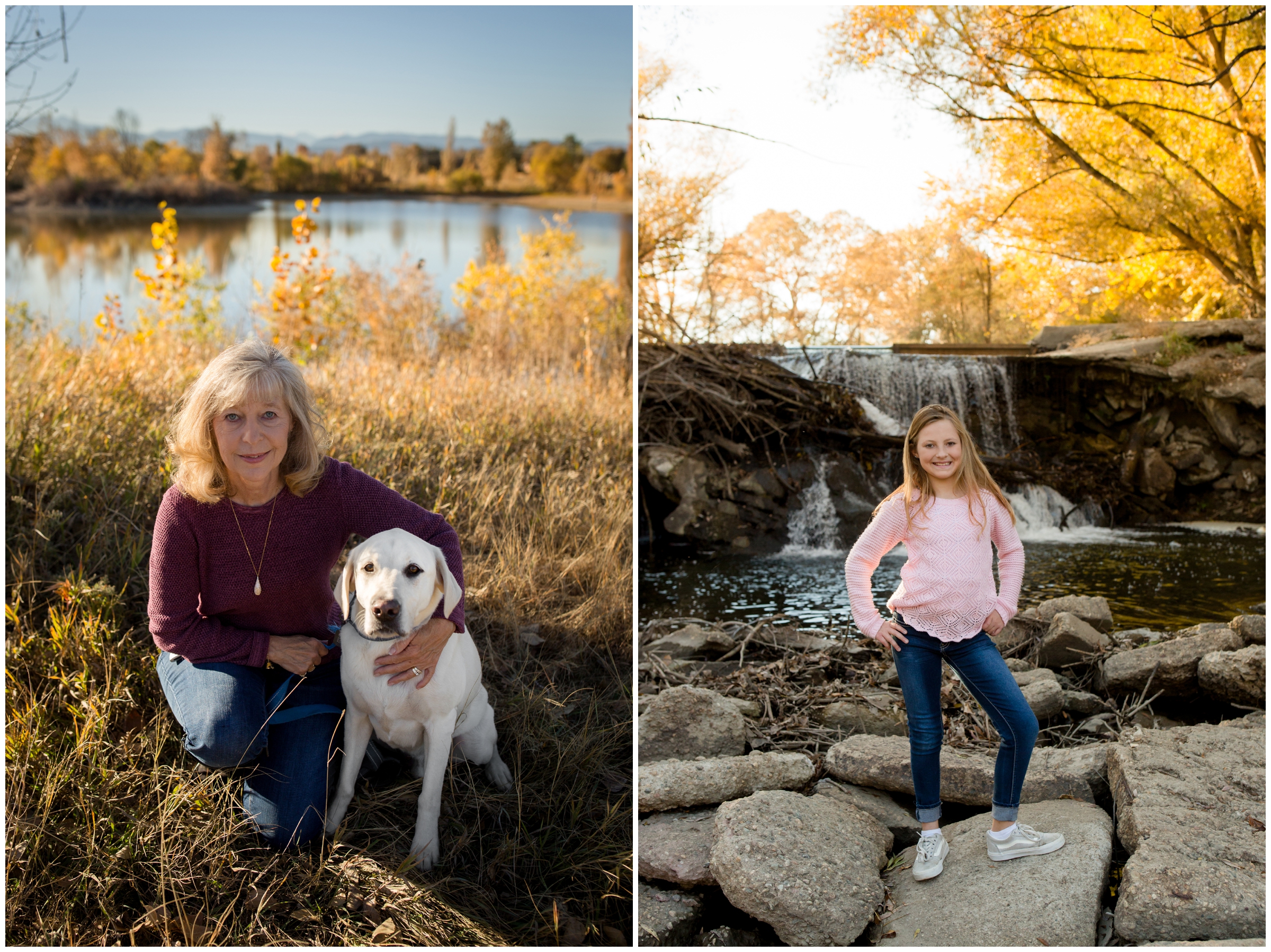 woman posing with her dog during Longmont family pictures at Golden Ponds 
