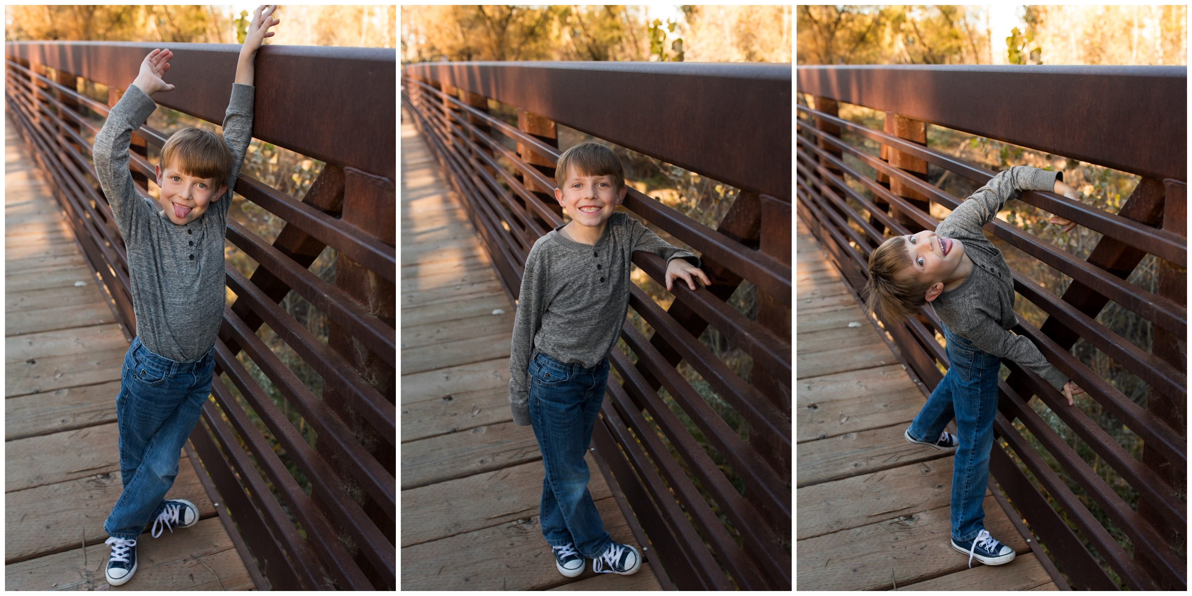 little boy hanging on bridge for Longmont CO fall family pictures