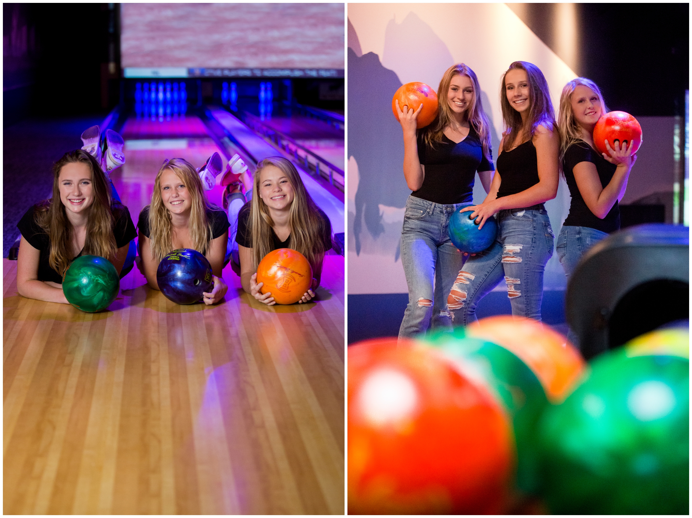 Bowling and silly string group senior pictures by best Colorado senior photographers Plum Pretty Photography